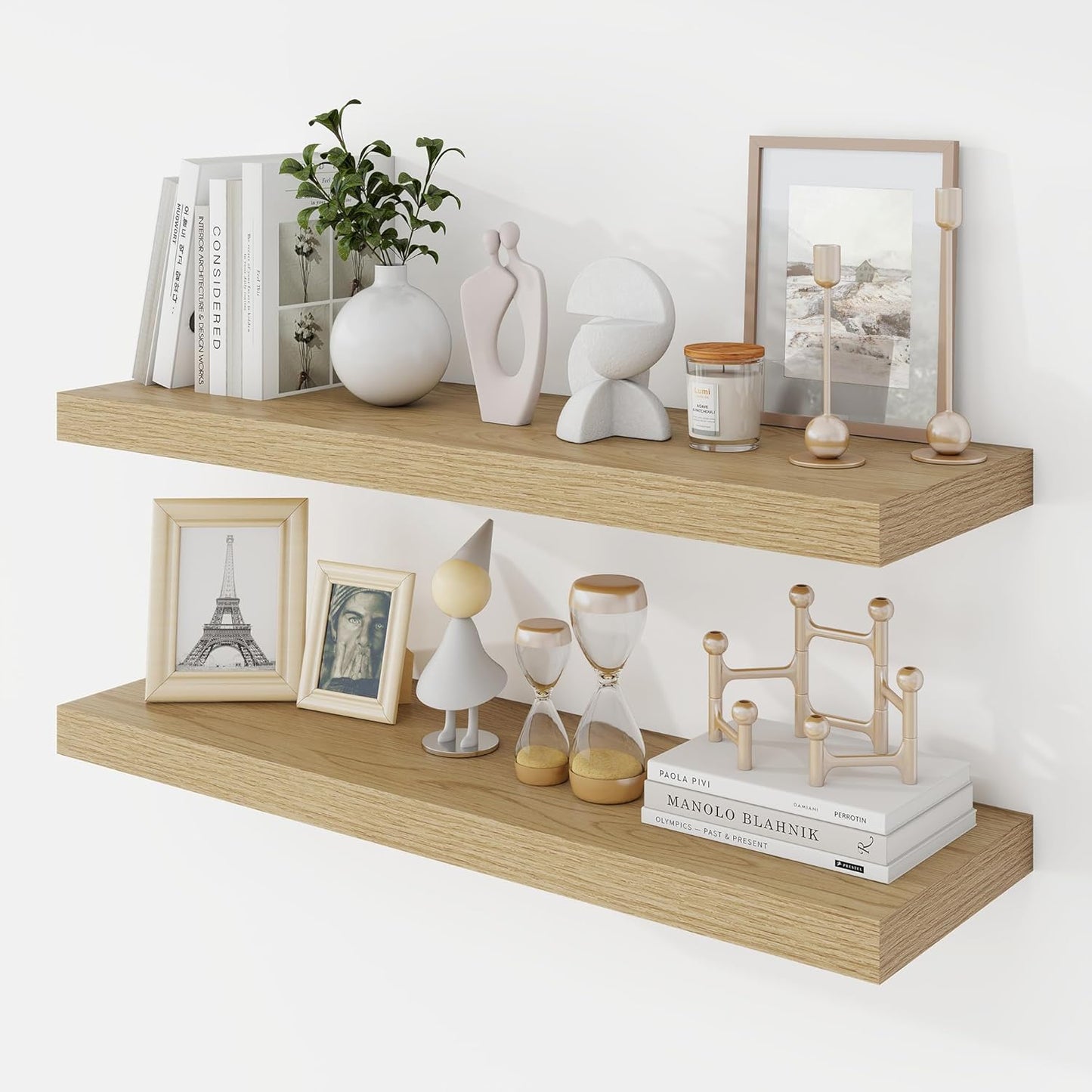 30 Inch Floating Shelves, 9.3" Deep Floating Shelf Wall Mounted, 30" Wall Shelves, Rustic Deep Bookshelf, Large Display Shelves & Storage Shelves for Bedroom, Living Room, Oak, Set of 2
