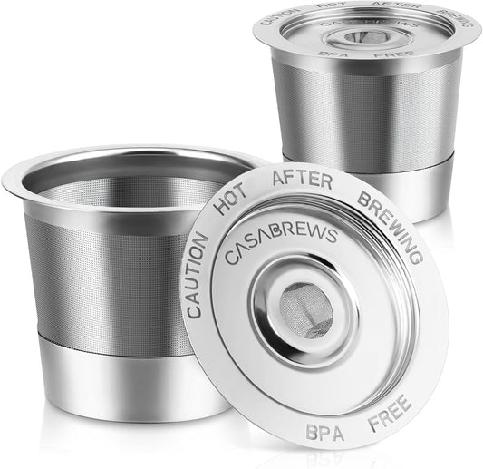 CASABREWS CASKF02 Reusable K Cup Filters, 2 Pack Stainless Steel Refillable Coffee Pods for Keurig 1.0 Brewers, Universal Fit, Eco-Friendly & BPA-Free