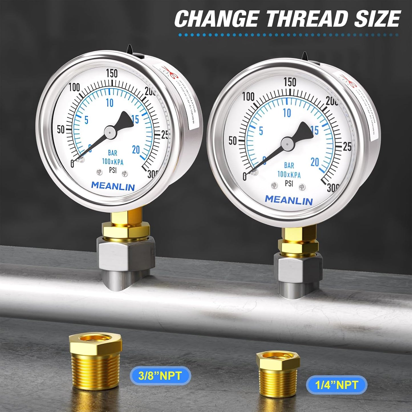 MEANLIN MEASURE 0~300Psi Dry Pressure Gauge Stainless Steel 1/8" NPT 2" FACE DIAL Waterproof for Air Compressor Air Regulator Water Filter Lower Mount, with 1/4" NPT and 3/8" NPT Hex Bushing