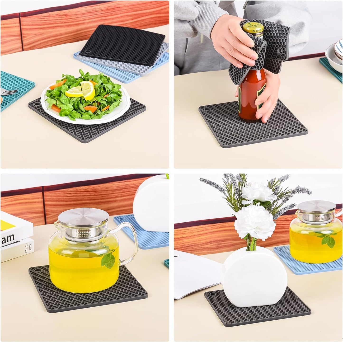 Silicone Trivets Mats, Silicone Hot Pads for Pot Holder, Square Trivets for Hot Dishes, Pots and Pans, Multi Purpose Hot Pads for Kitchen Counter, Non Slip Heat Resistant Mats Set 4 Melort Red