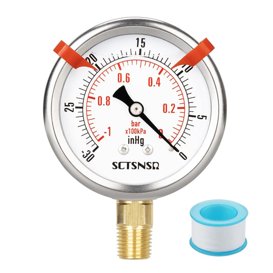 '-30 inHg to 0 Vacuum Pressure Gauge, Glycerin Liquid Filled, 2.5 inch Dial, 1/4" NPT Lower Mount, Stainless Steel Case, for Air Conditioning Line, Tank, Air Pump, HVAC, Pipe, Pressure Test
