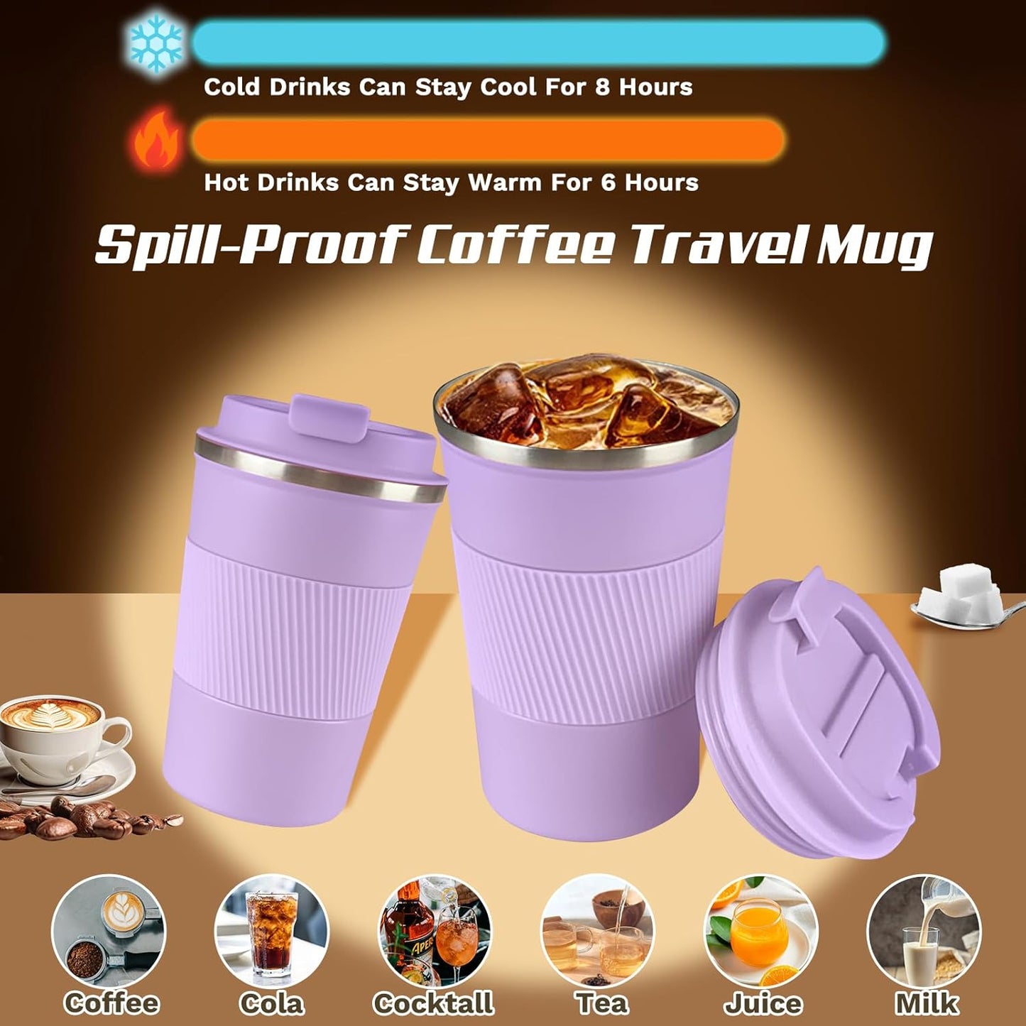 Vacuum-Insulated Stainless Steel Travel Coffee Mug, Leak-Proof Reusable Coffee Cup with Lid - Keep Hot & Cold Drinks for Hours, Durable Thermos Tumbler for Men & Women (3rd-Purple, 17OZ)