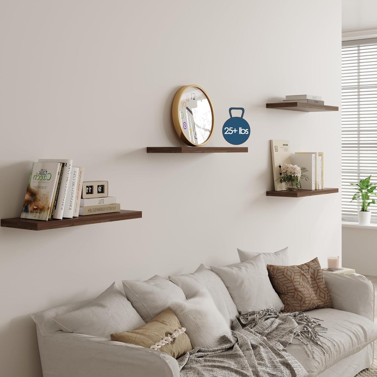 Wall Shelf Set of 1, Walnut Floating Shelves 24 in W x 10 in D x 1 in H, Wooden Floating Wall Shelf with Invisible Brackets for Living Room/Bedroom/Bathroom/Kitchen Storage and Decor