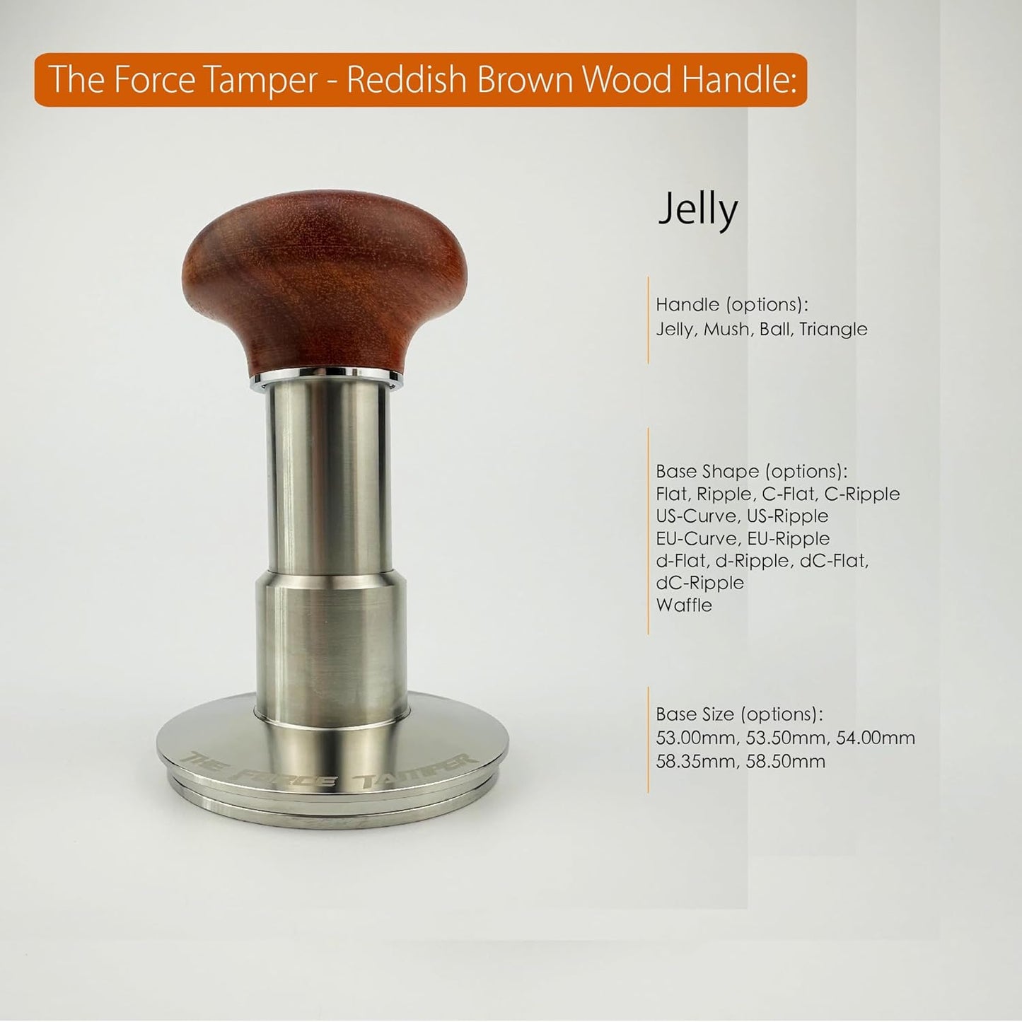 The Force Tamper Automatic Impact Adjustable Constant Pressure and Autoleveling Coffee Tamper Reddish Brown Jellyfish Wooden Handle Set Pro (Extend Set, 58.35mm)