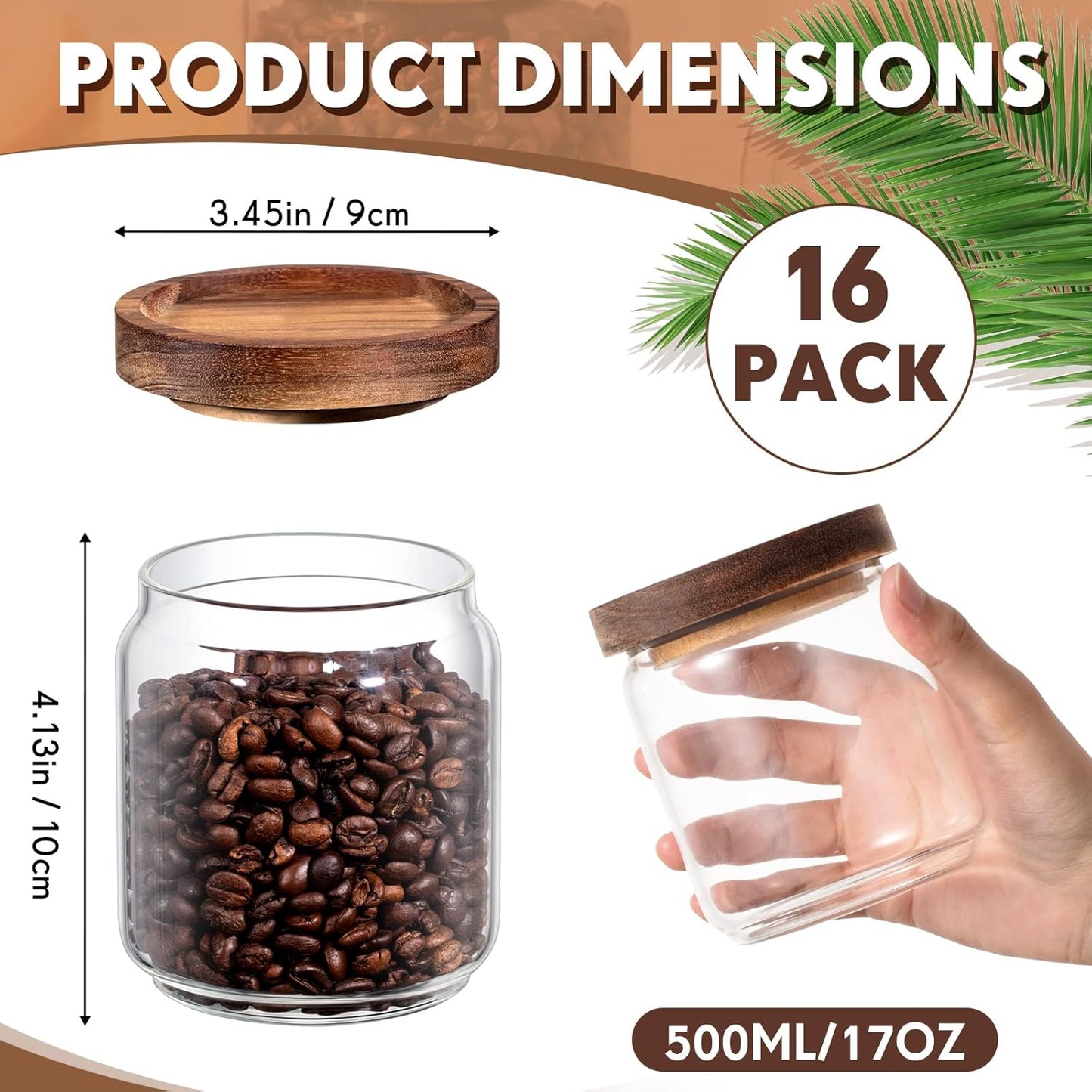 Irenare 16 Pcs 17 oz/ 500 ml Glass Canister Food Airtight Sealed Clear Borosilicate Glass Storage Jars with Lids Kitchen Spice Containers for Serving Coffee Sugar Tea Beans Candy Nuts Pantry (Wood)
