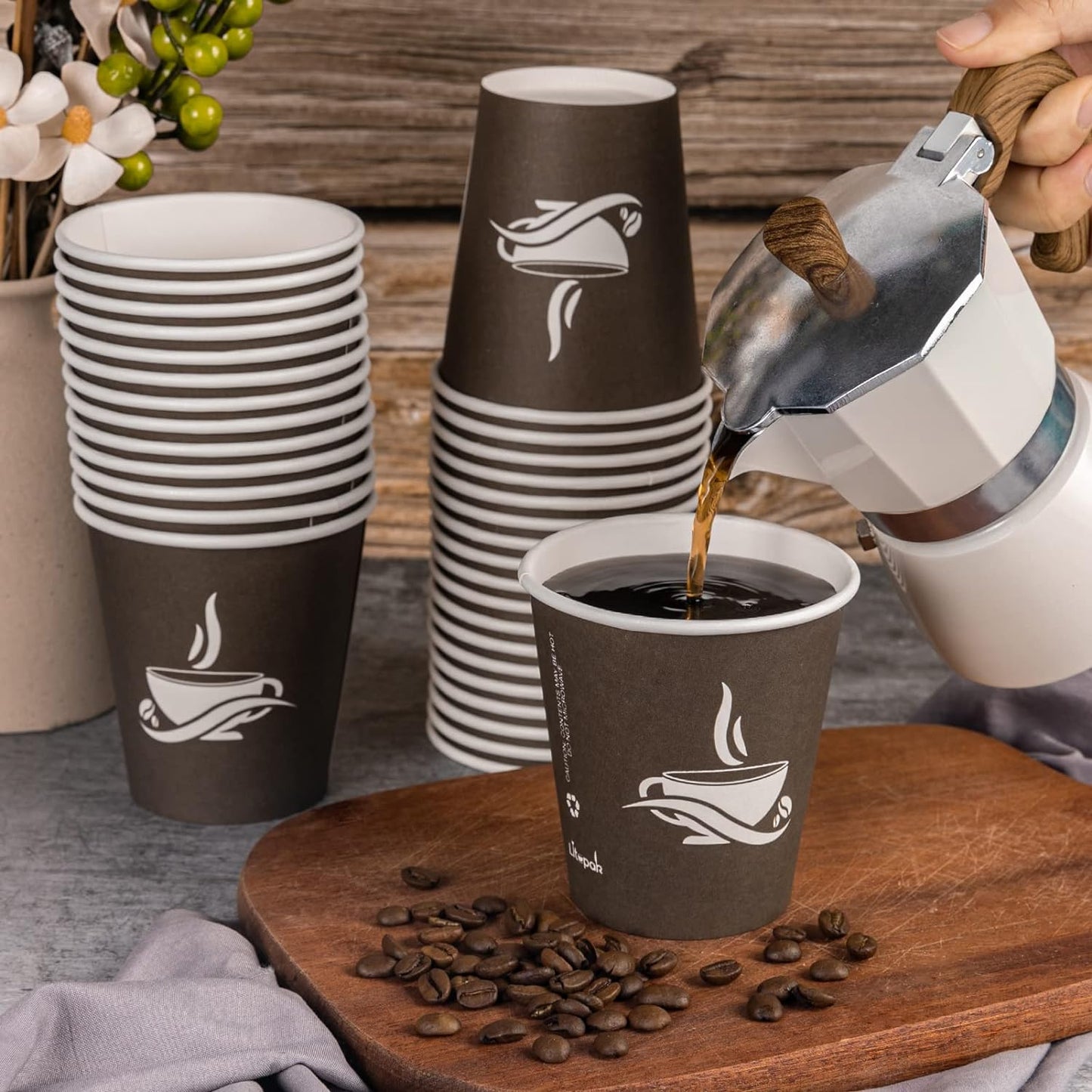 LITOPAK 270 Pack 10 oz Paper Cups, Brown Disposable Hot Coffee Cups for Party, Picnic, Travel, and Events