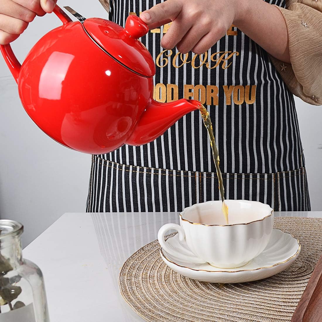 Sweejar Porcelain Teapot with Removable Stainless Steel Infuser,Microwave & Dishwasher Safe Tea Pots for Loose Tea,Tea Infuser Pots for Chrismas Women Gift (30oz Red)