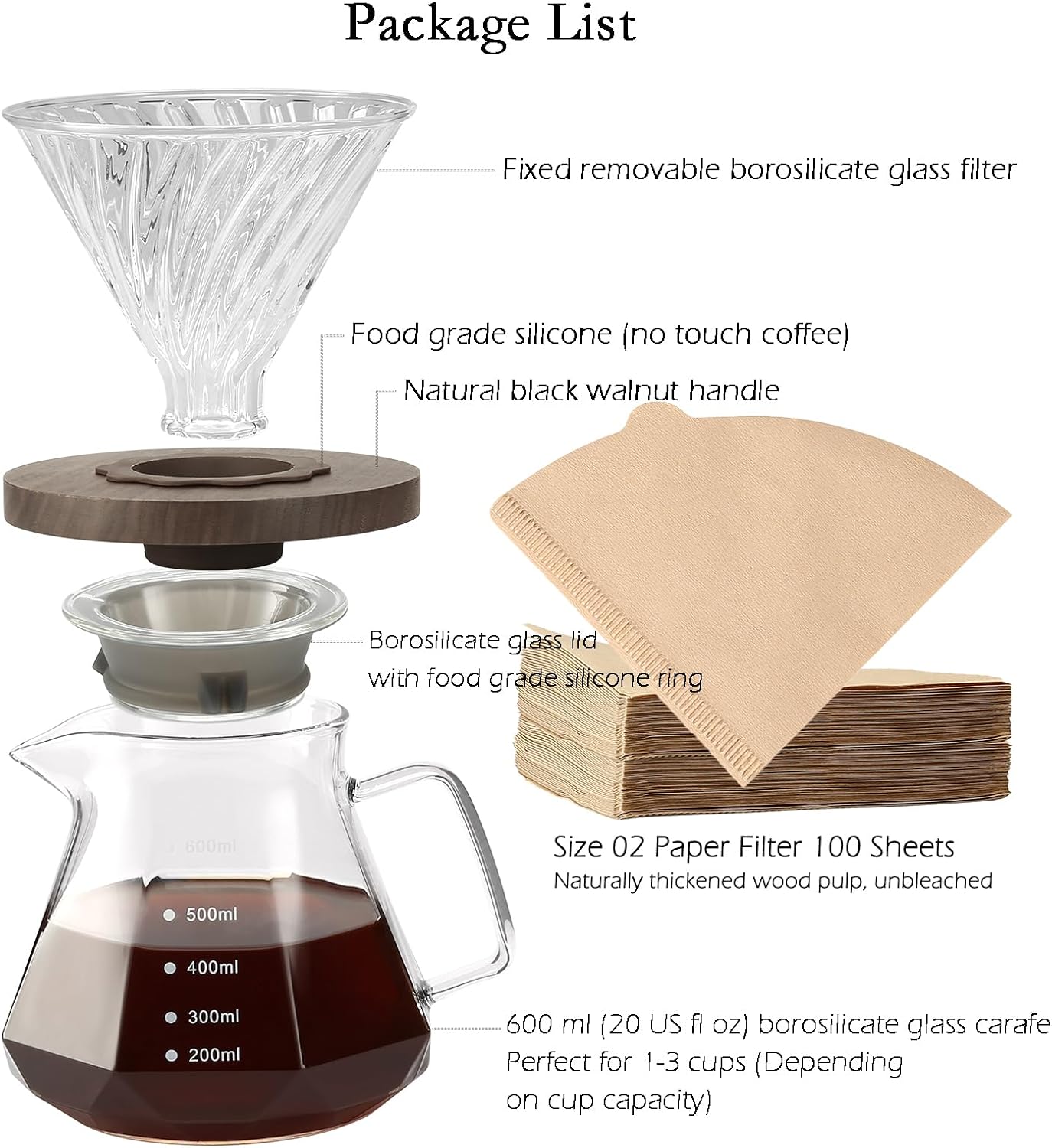 Pour Over Coffee Maker, 20 oz Borosilicate Glass Carafe with 100 pcs V60 Paper Filter by Gsform, Walnut Handle & Glass Lid, Drip Coffee Maker for Home Café Restaurant Camping, 600 ml, Clear
