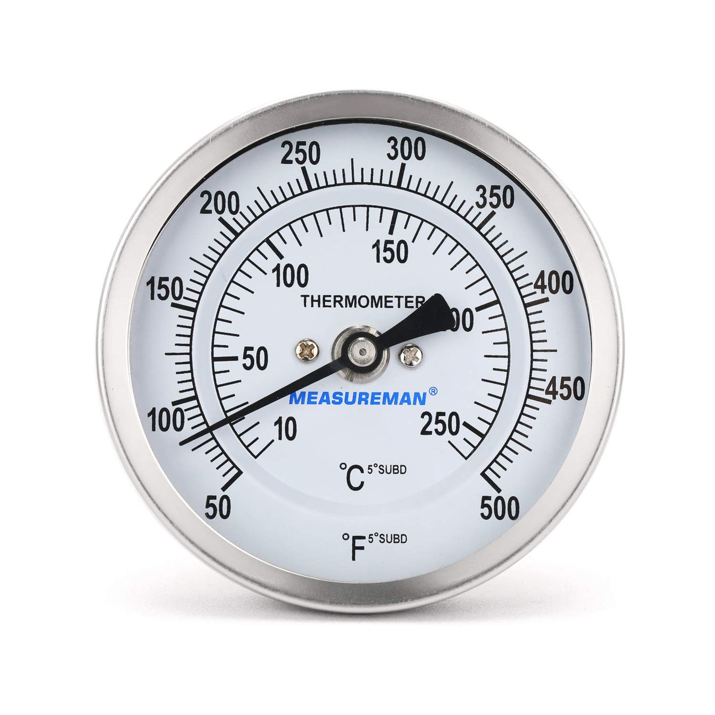 Measureman Fully Stainless Steel Bimetal Dial Thermometer, 3" Dial, 4" Stem, 50-500 deg F/10-260 deg C, -1% Accuracy, Adjustable, 1/2" NPT Back Mount