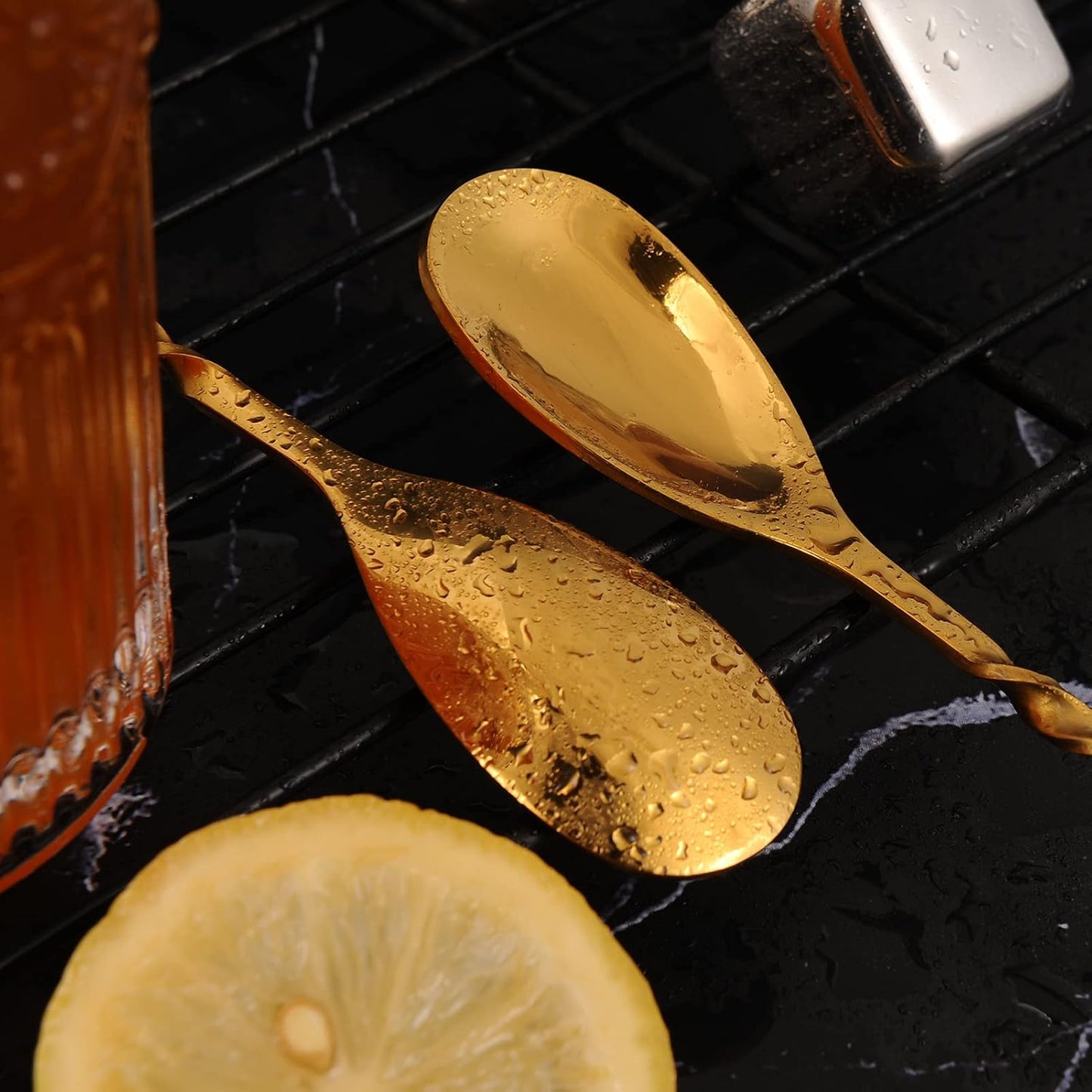 AnSaw Gold 12-Inch Stainless Steel Cocktail Spoon with Leaf Handle - Perfect for Mixing & Layering Drinks in Tall Cups, Bar & Shakers - Durable Long Handle Bar Stirrer,2-Pieces
