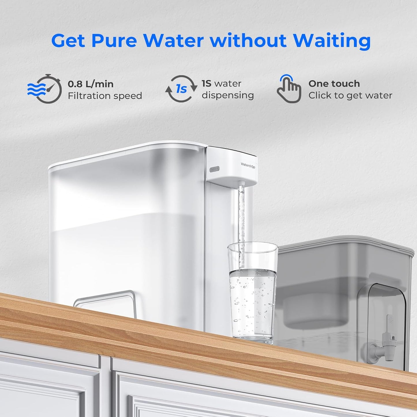 Waterdrop Large 27-Cup Mega Electric Water Filter Dispenser, 200-Gallon Rechargeable Instant System, NSF/ANSI 42&53&401&372, Reduce PFAS, Lead, Chlorine, with 1 Filter, White, Does not Lower TDS