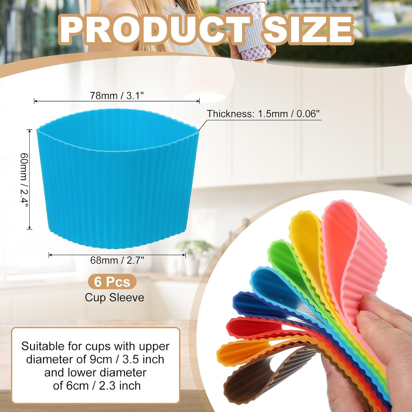 uxcell 6Pack Coffee Cup Sleeves, Reusable Silicone Heat Resistant Cup Protective Sleeve Nonslip Mug Protector Cover for Home Travel Coffee Mug Glasses Water Bottle Boots, Sky Blue