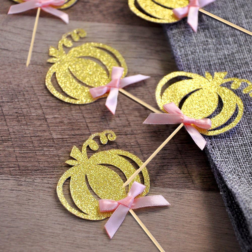 Pumpkin Cupcake Topper Fall Theme Cake Decoration for Pumpkin Themed Baby Shower Party Supplies, Pumpkin Food Pick - Set of 24 (Pink Bow)