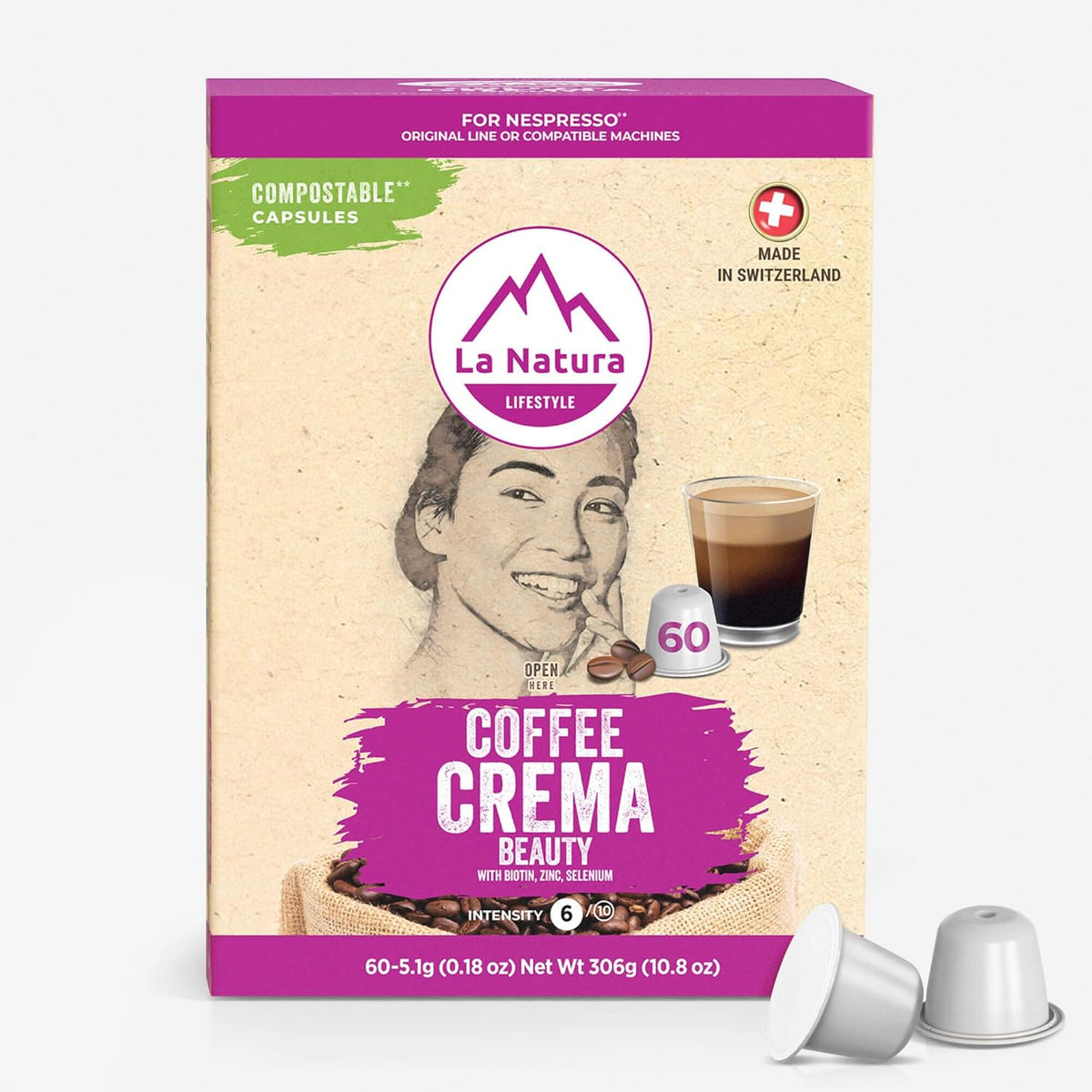 La Natura Lifestyle Beauty Coffee Pods - Crema Roast European-Style with Biotin, Zinc & Selenium for Hair, Skin & Nails Health - Compostable Nespresso Original Line Compatible Capsules - Pack of 60