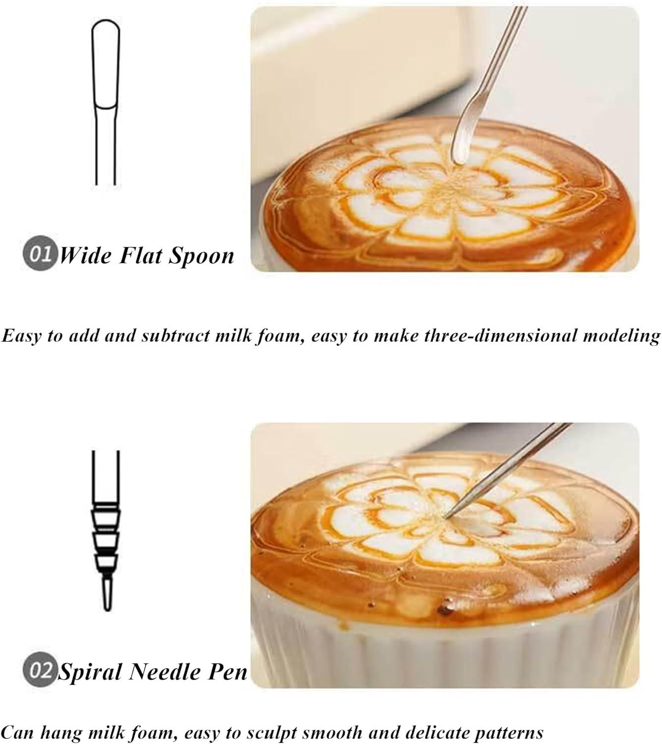 2 PCS Latte Art Pen Cinnamon Pen for Coffee,Barista Espresso Coffee Latte Art Tools Accessories for Coffee Bar Barista Make Creative Coffee Designs Decors,Stainless Steel Silver,LXLVOUEG