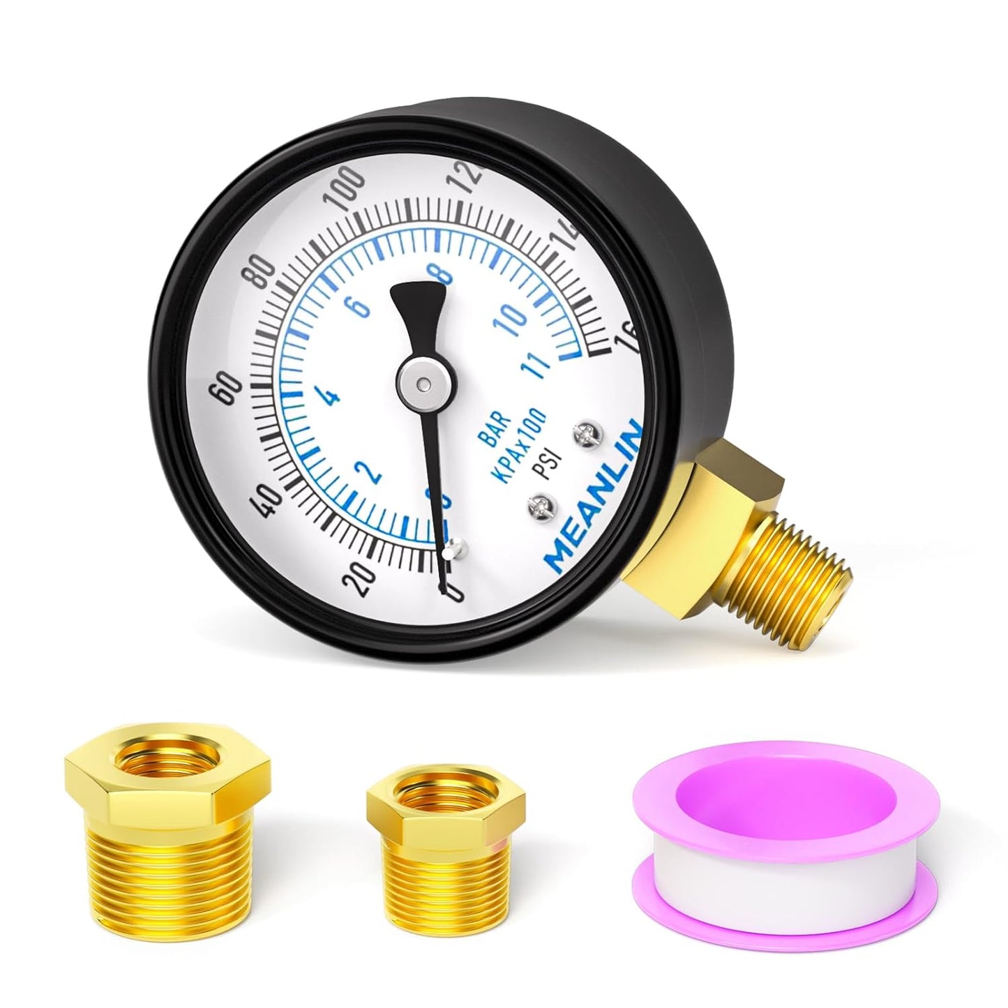 MEANLIN MEASURE 0-160Psi 2" DIAL FACE 1/8" NPT Well Pump Pressure Gauge, with 1/4" NPT and 3/8" NPT Hex Bushing, 3-2-3% Accuracy, Lower Mount