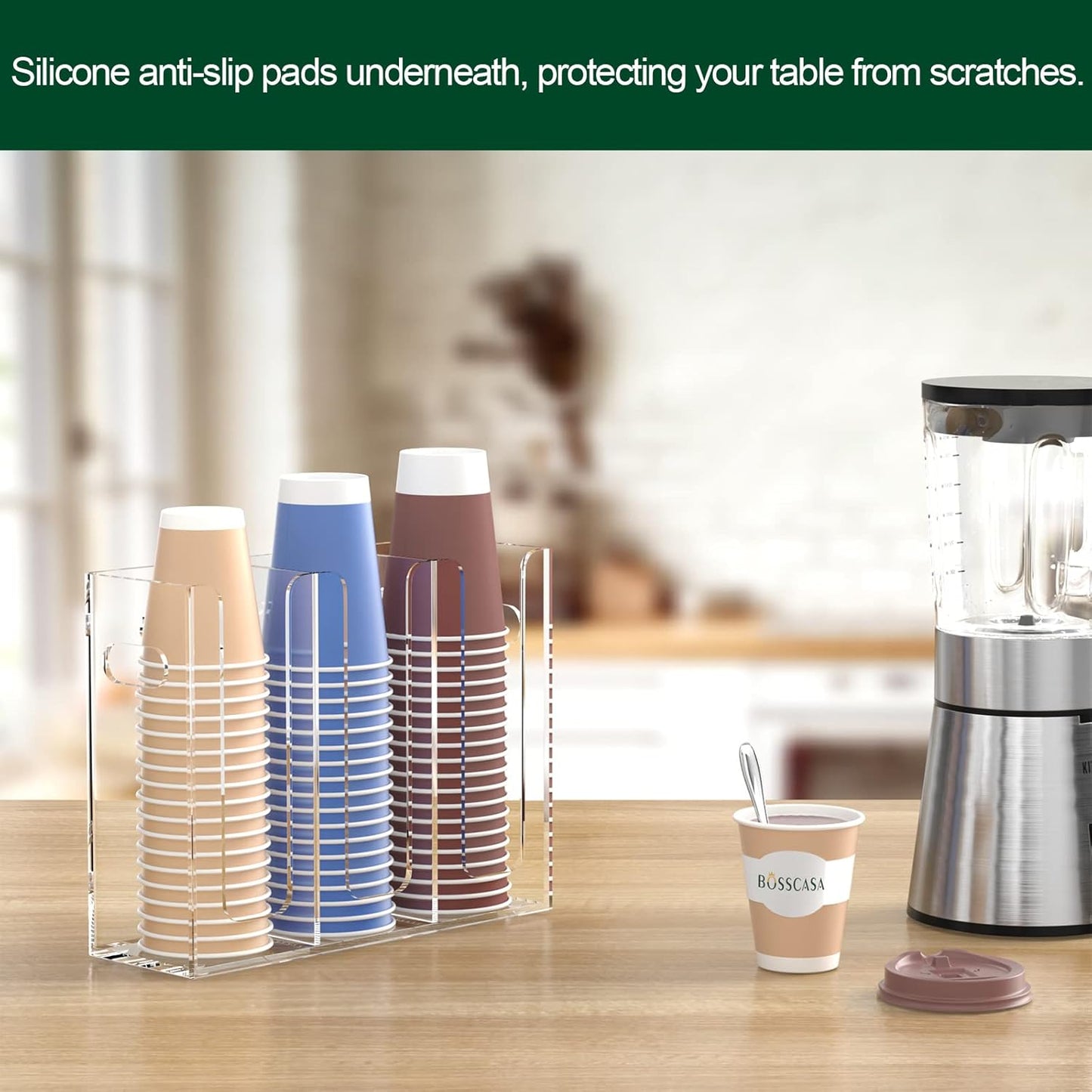 Disposable Coffee Cup Dispenser with Handles, Countertop or Wall Mount Hot/Cold Drink Cup and Lid Holder - Bathroom/Kitchen/Office Acrylic Cup Lid Storage Organizer (3 Compartments, Clear)