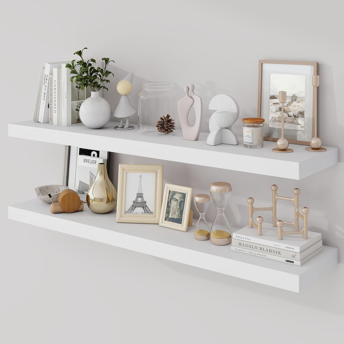 40 Inch Floating Shelves, 9.3" Deep Floating Shelf Wall Mounted, 40" Wall Shelves, Rustic Deep Bookshelf, Large Display Shelves & Storage Shelves for Bedroom, Living Room, White, Set of 2