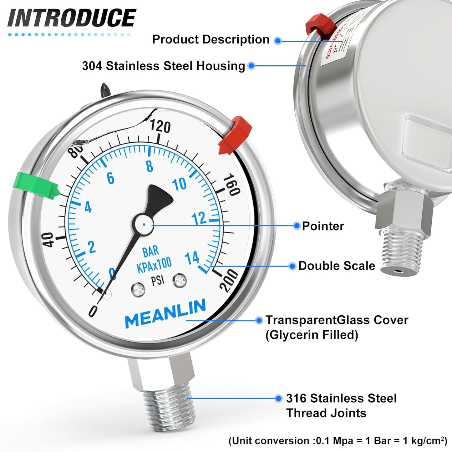 MEANLIN MEASURE 0~200Psi Stainless Steel Liquid Filled Pressure Gauge 2.5" FACE DIAL 1/4" NPT for Air Compressor Air Regulator Water Filter Lower Mount with Stainless Steel Hex Bushing and Snaps