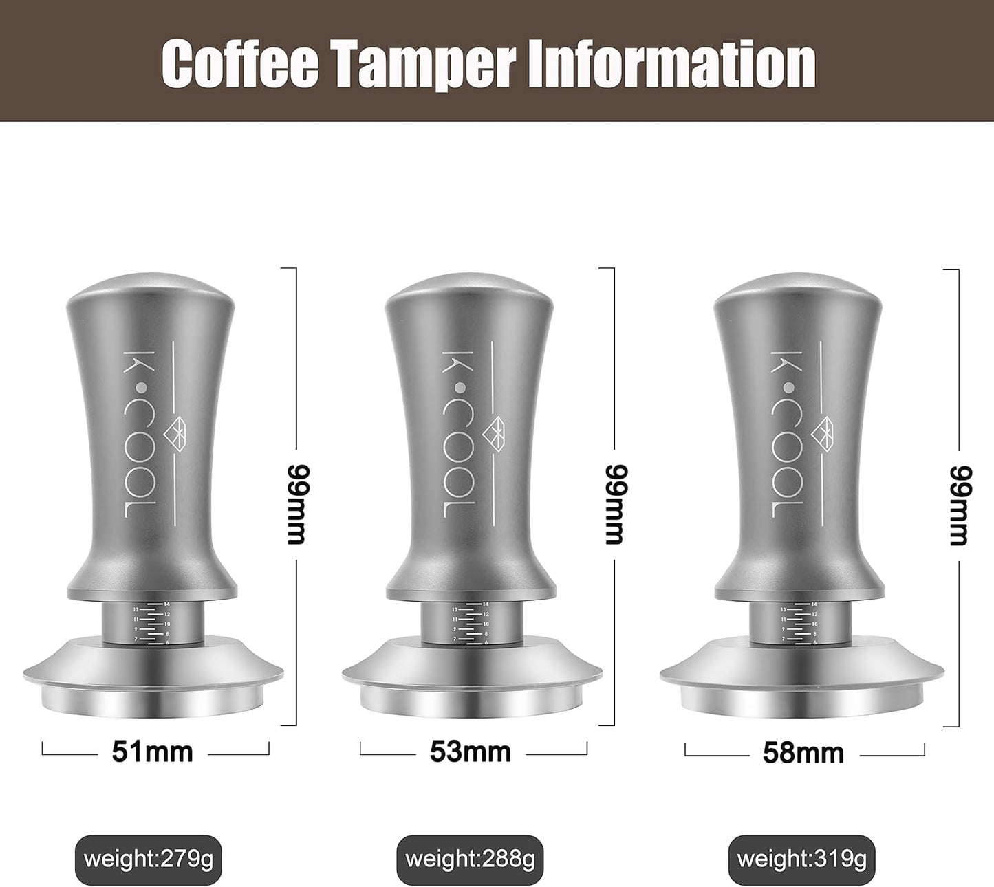 K COOL Espresso Tamper, Coffee Tamper, Premium Barista Tools Tamper with Calibrated Spring 30lb, 100% Stainless Steel Flat Base Tamper with Scale Mark for Espresso Coffee Machine (53mm, Silver)