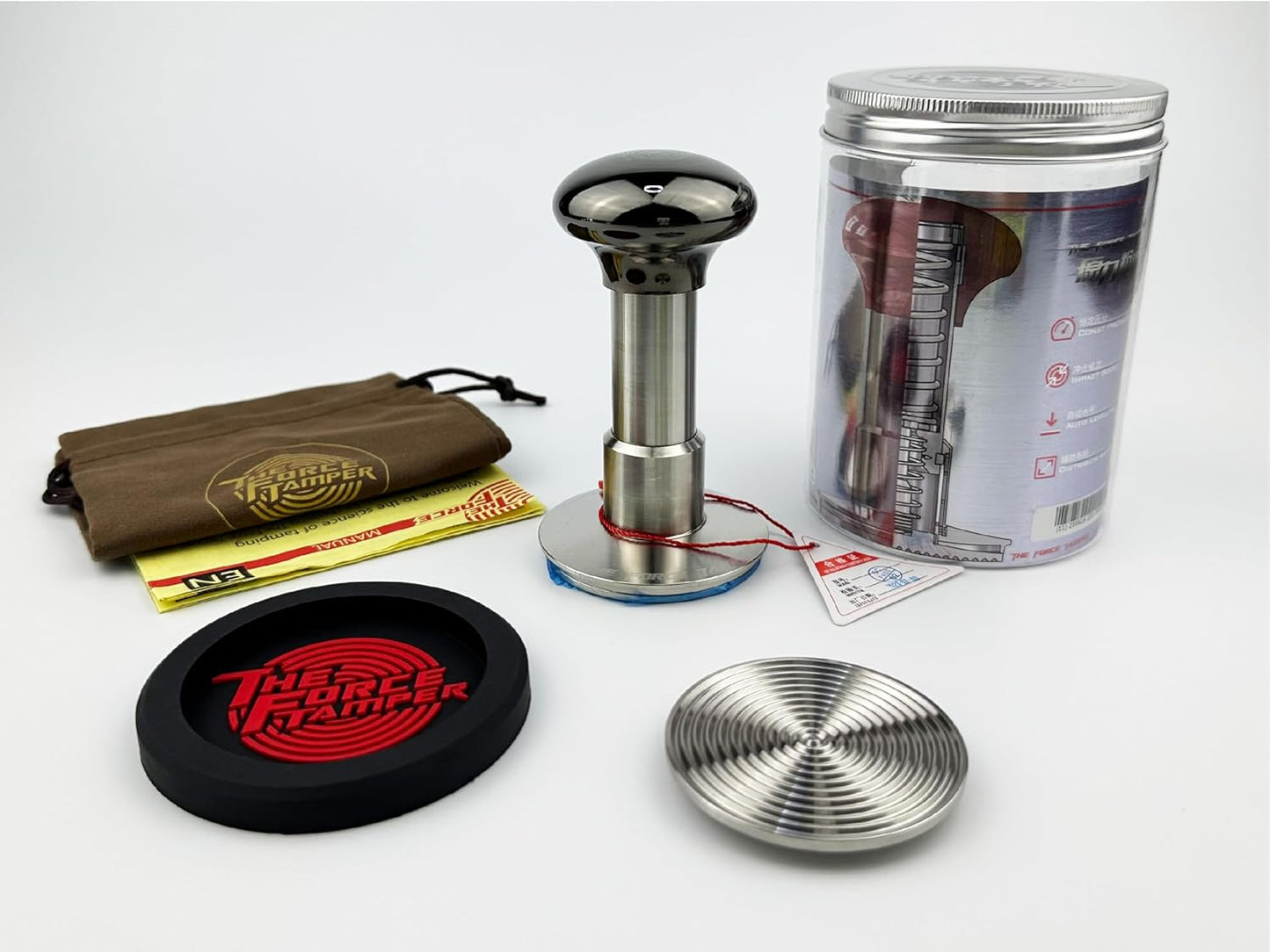 The Force Tamper Automatic Impact Coffee Tamper Adjustable Const Pressure and Autoleveling Extend Set New (Jelly-Black Mirror AL, 58.50mm)