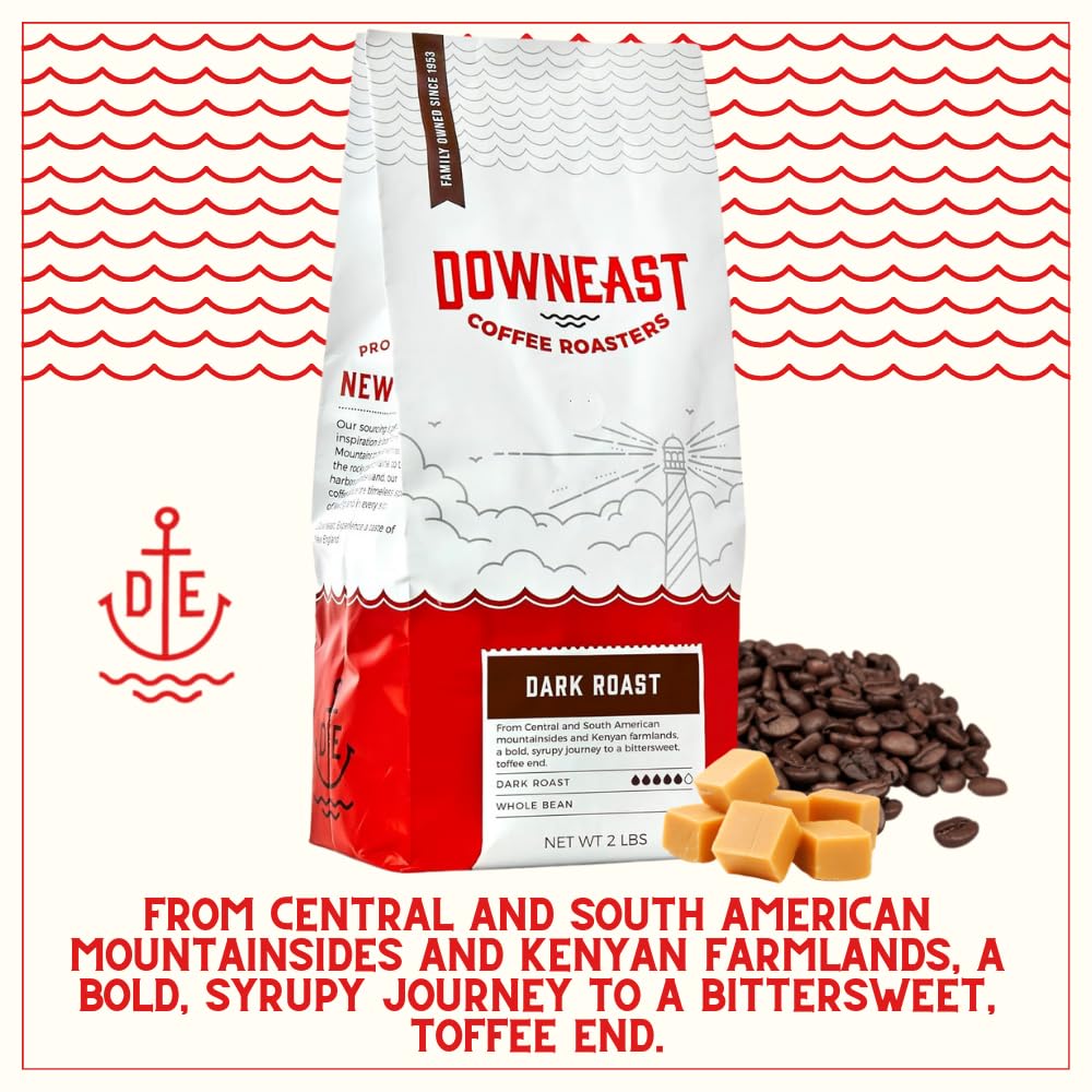 Downeast Coffee Roasters Whole Bean Coffee - Dark Roast, 100% Arabica Coffee - Bold, Syrupy, Bittersweet Toffee Notes - Kenya, Central and South American Highlands, (2 lb Bag)