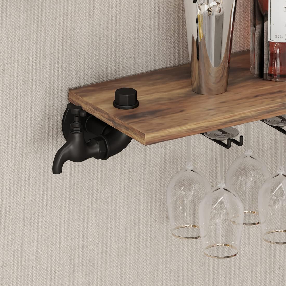 Wall Bar Shelves Industrial Pipe Shelving with 4 Stem Glass Holder, 4-Tiers Rustic Floating Wine Rack Wall Mounted Bar liquor Shelf, 42 in Hanging Wood Shelves Glass Rack, Living Room Kitchen Decor