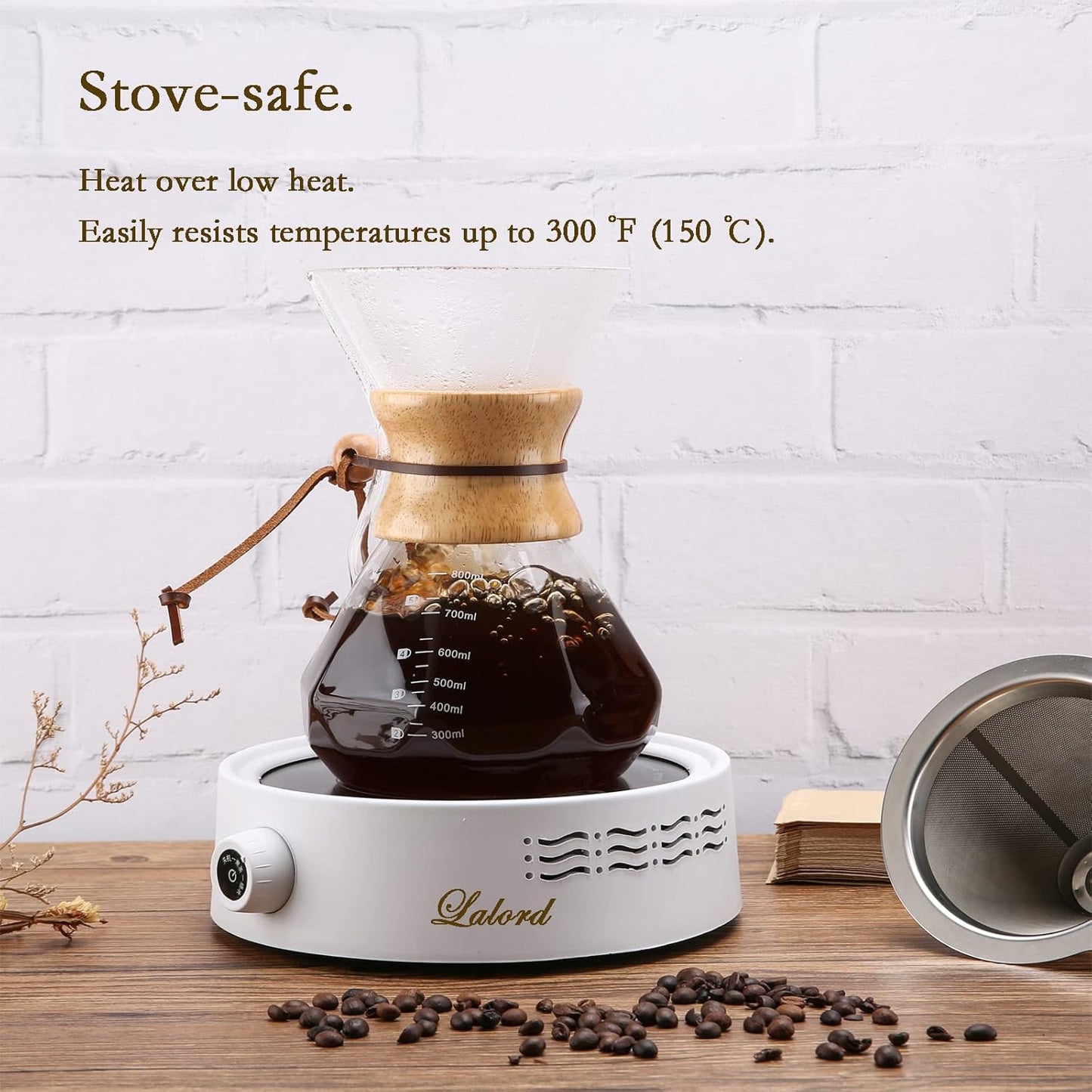 Pour Over Coffee Maker with Stainless Steel Filter, 20 oz Borosilicate Glass Coffee Carafe, Wooden Collar, Coffee Maker Carafe, Hold 3-4 Cups, 600 ml, Clear
