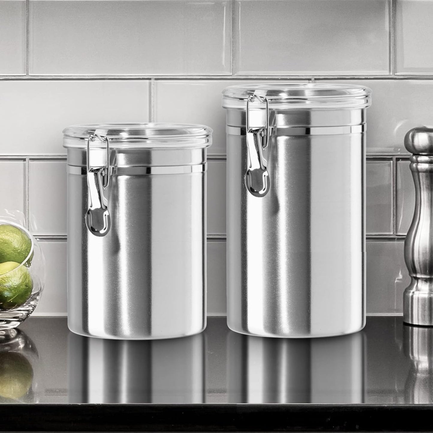 OGGI Stainless Steel Kitchen Canister 52 fl oz - Airtight Clamp Lid, Clear See-Thru Top - Ideal for Kitchen Storage, Food Storage, Pantry Storage. Large Size 5" x 6".