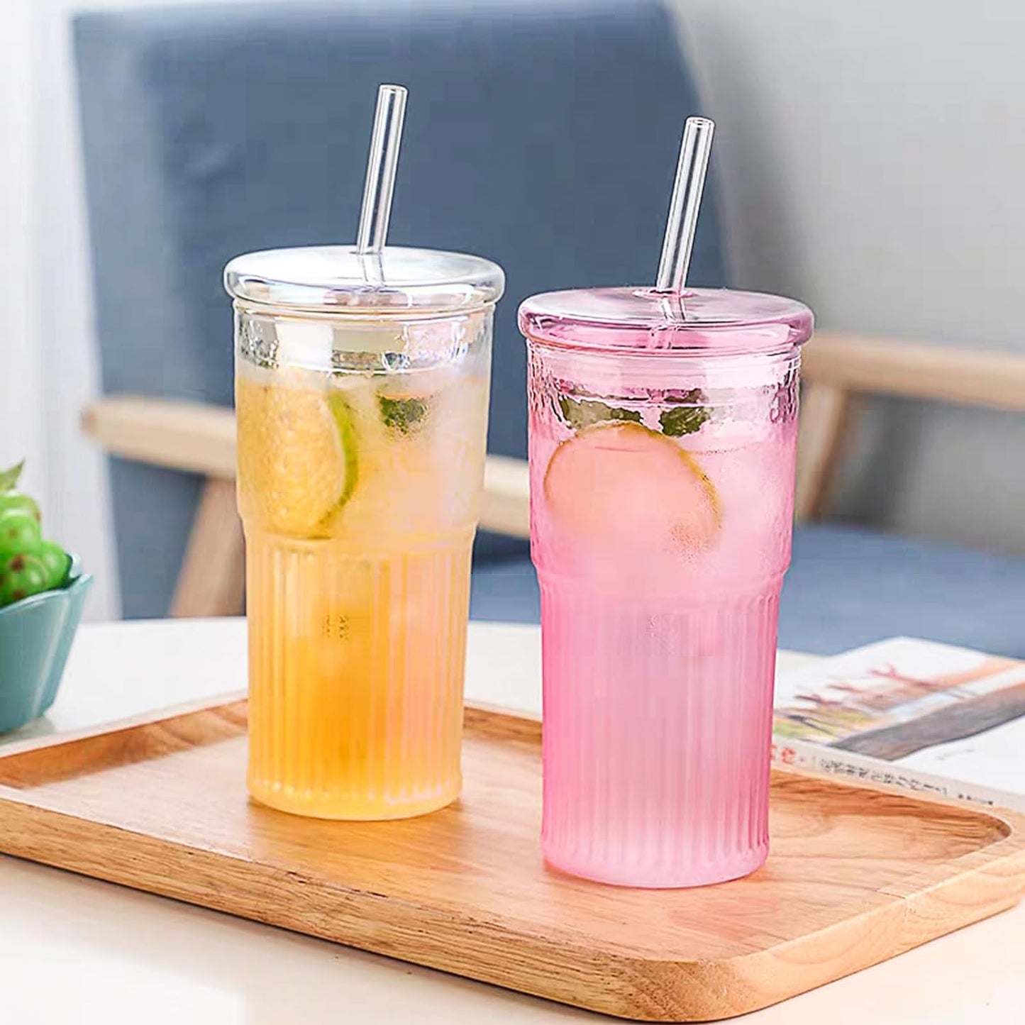Glass Coffee Cups with Lids and Straws, 20 OZ Pink Iced Water Glasses Tumblers for Ice Juice, Tea, Milk, Smoothie and Cold or Hot Drinks, Set of 2