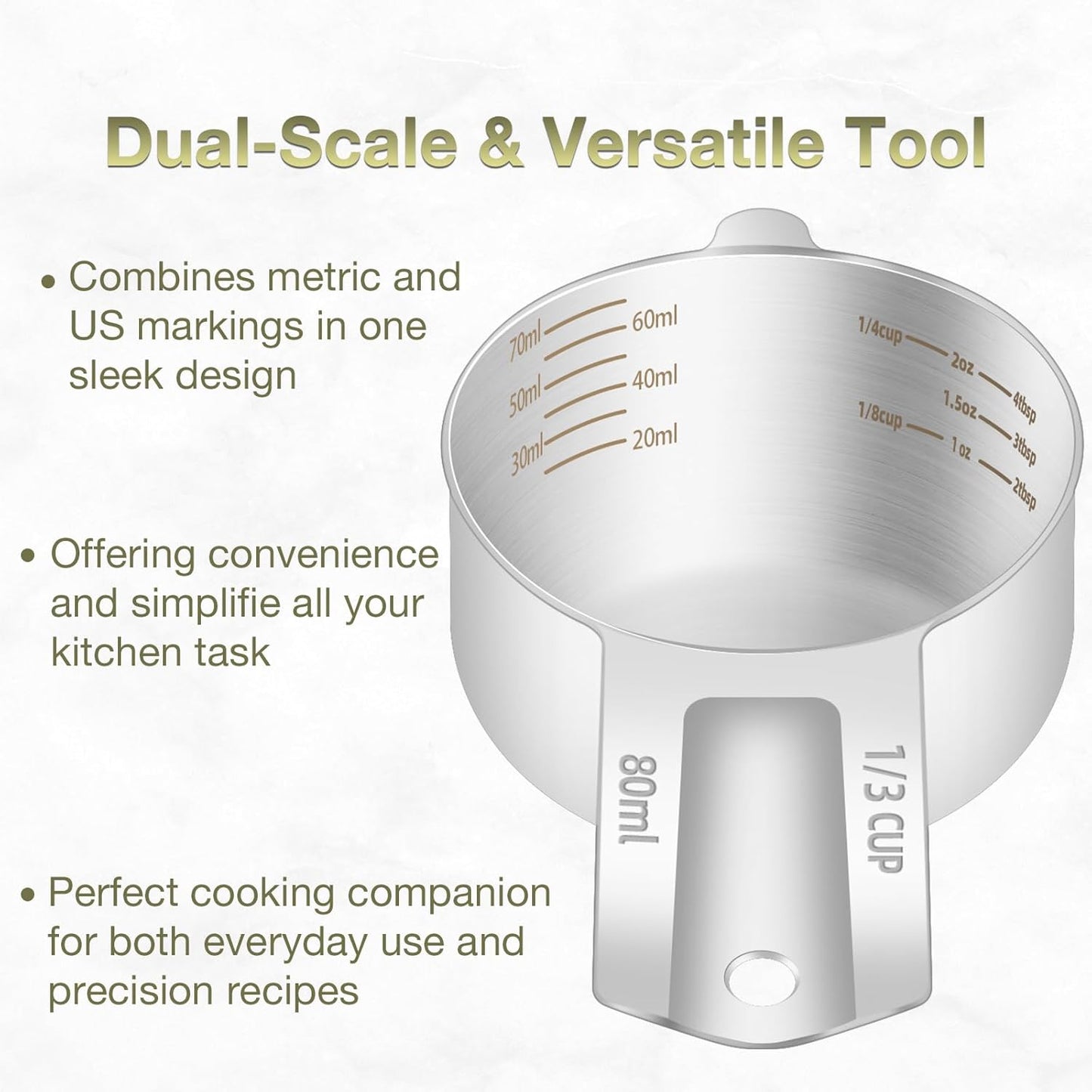 1PCS 1/3Cup (80ml, 2.6oz) Single Measuring Cup, Etched Inner Scale Stainless Steel Measure Scoop, Metric and US Measurement, Dishwasher Safe