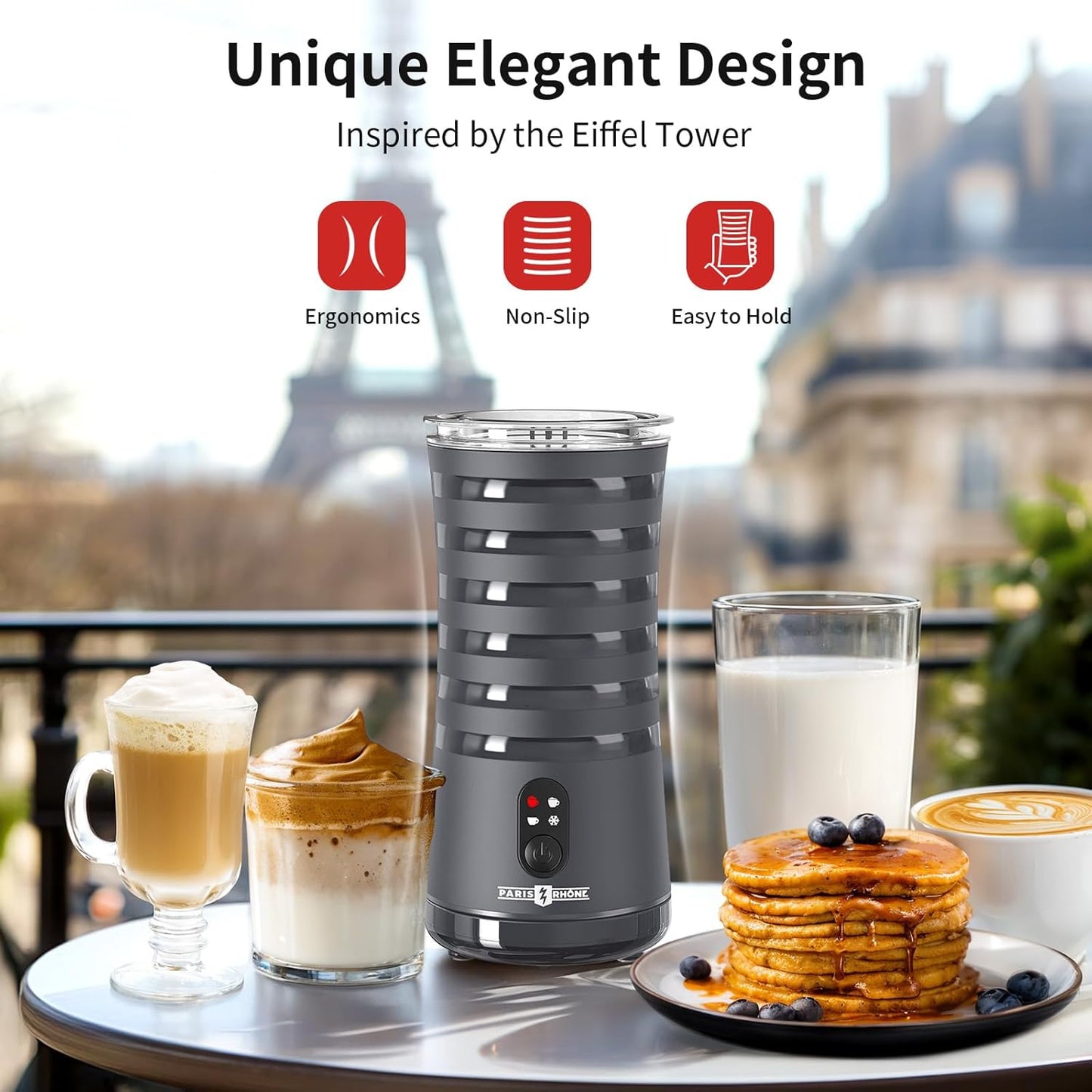 Paris Rhône Milk Frother, 4-in-1 Milk Steamer and Frother, Hot & Cold Foam Milk Warmer with Temperature Control(Grey)