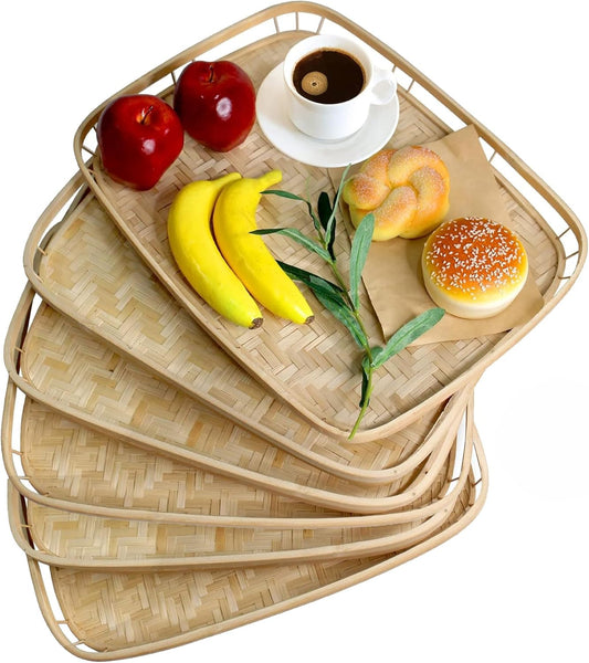 PEMAR Set of 4 Bamboo Wicker Serving Trays for Foods & Drinks, Rectangular Breakfast Lap Trays with Handles Wooden Decorative Platters for Coffee Table, Bed Eating