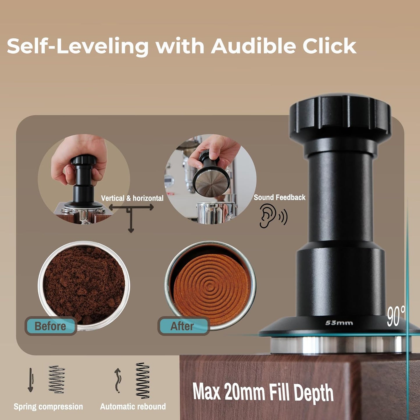 Coffee Tamper 53mm, Spring Loaded Espresso Tamper with 25lb/30lb/35lb Calibrated Springs, Sound Feedback & Ripple Base for Even Extraction, Espresso Accessories