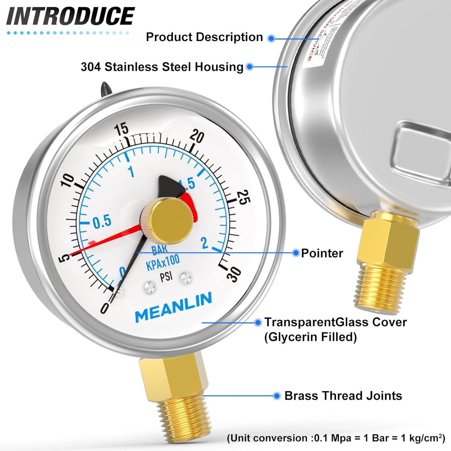MEANLIN MEASURE 0~30Psi Stainless Steel 1/4" NPT 2.5" FACE DIAL with Reset Pointer Liquid Filled Pressure Gauge WOG Water Oil Air, Lower Mount, with Brass Hex Bushing
