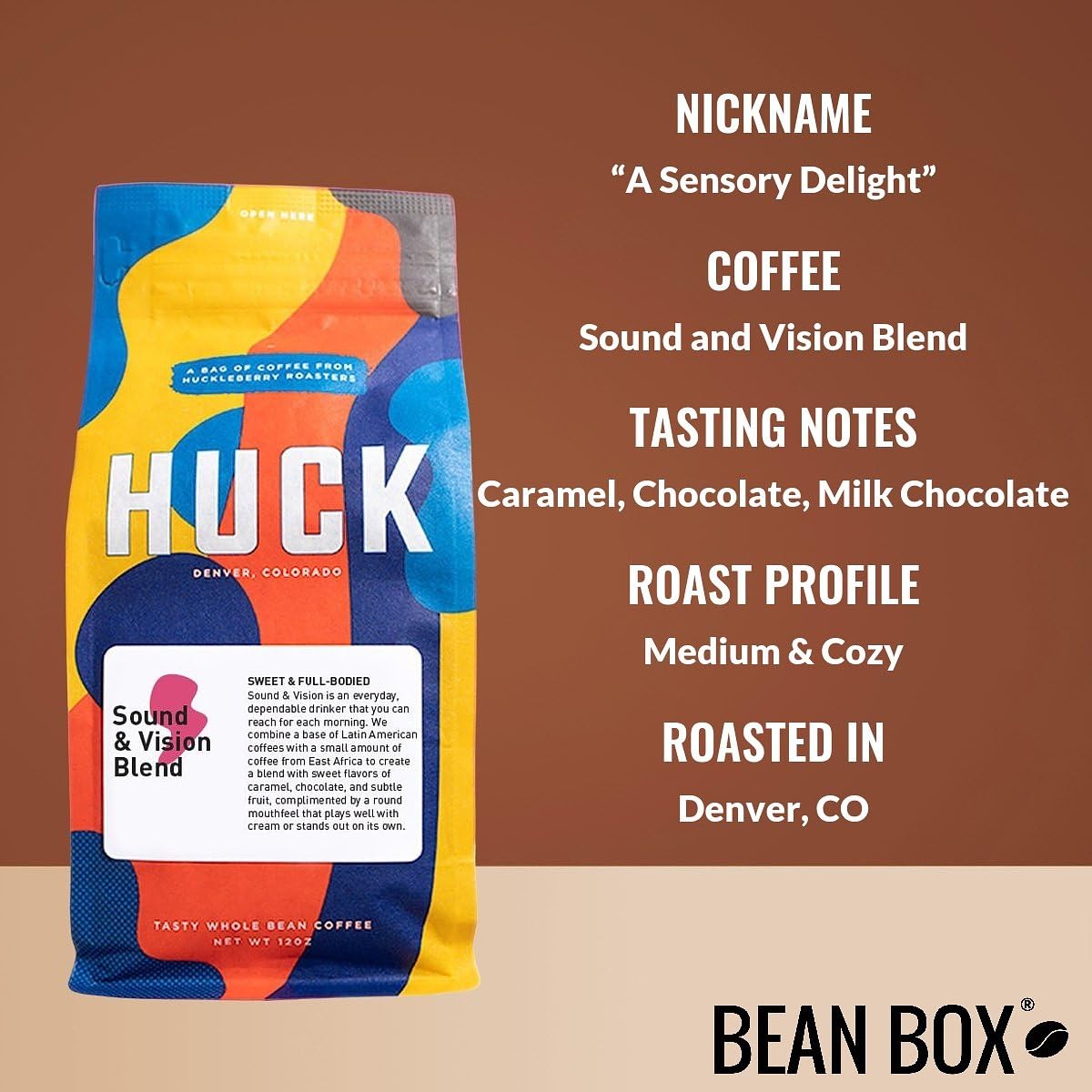 Sound and Vision Blend - Roasted by Huckleberry Roasters - Whole Bean Coffee - 12 Ounce Bag