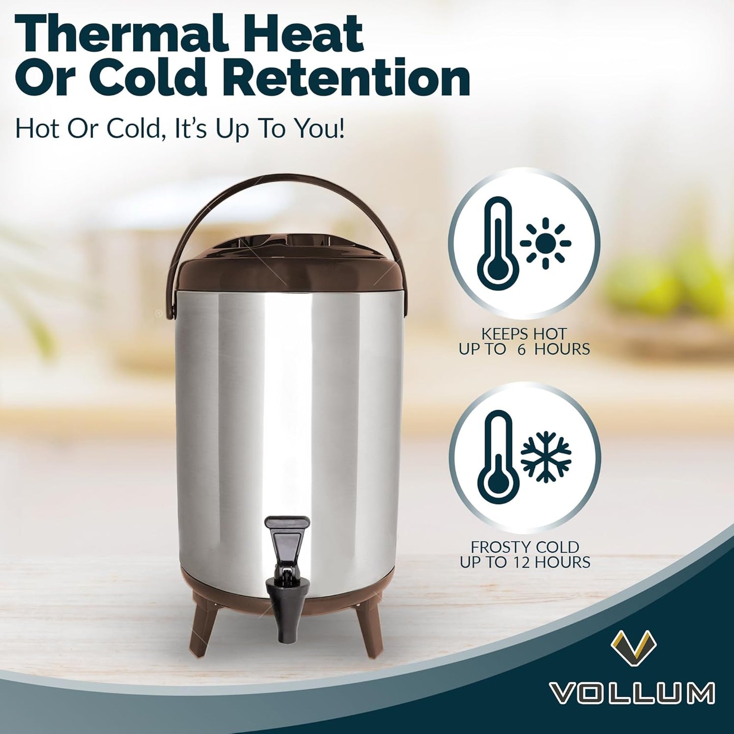 Stainless Steel Insulated Beverage Dispenser – Insulated Thermal Hot and Cold Coffee Carafe – 10 Liter Drink Dispenser with Spigot for Hot Water, Tea & Coffee, Cold Milk, Juice & More BROWN