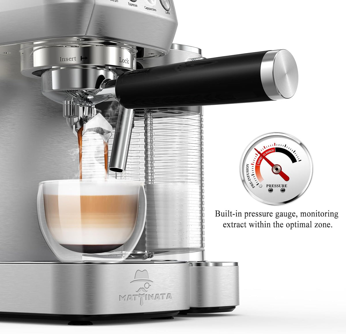 Cappuccino Coffee Machine with Automatic Milk Frother, Compact Espresso Machine with Pressure Gauge, Stainless Steel Cappuccino Maker with for Home, Office