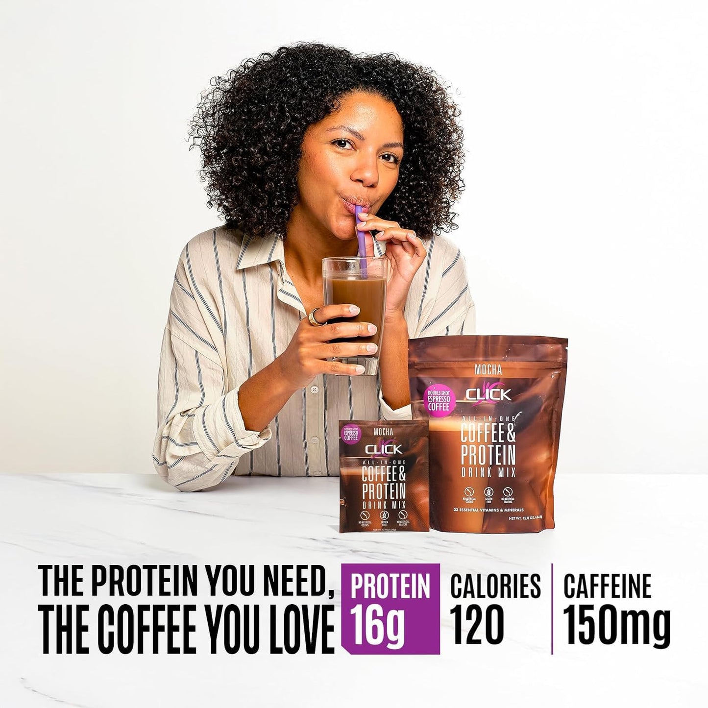 Click Coffee Protein, Protein & Real Coffee All-in-One, Meal Replacement Nutrition Drink, Mocha Flavor, 23 Essential Vitamins, Double Shot Espresso Coffee, Hot or Cold, 15.8-Ounce