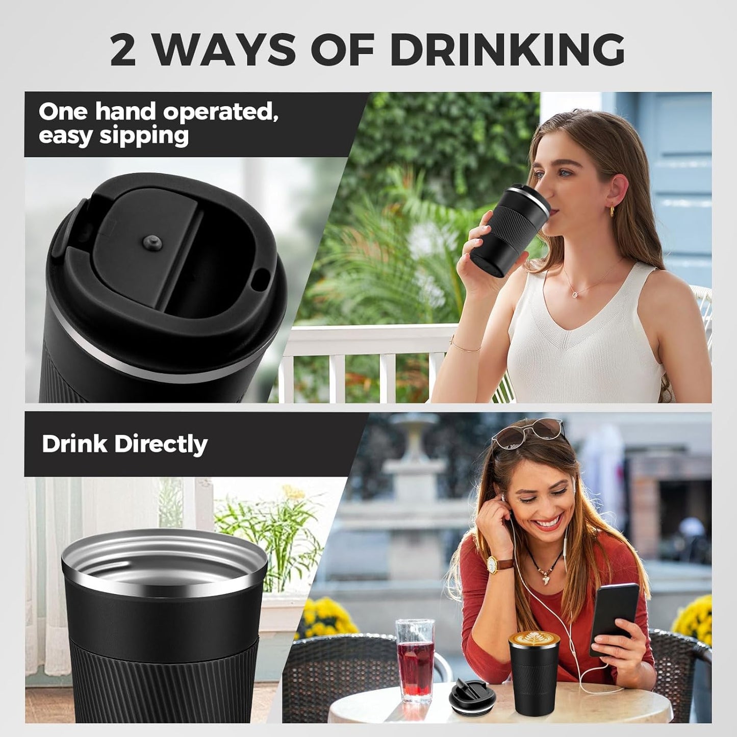 Volhoply 13 oz Stainless Steel Insulated Travel Coffee Mug with Fip Lid Bulk 4 Pack,Reusable Double Wall Vacuum Metal Coffee Cup,Portable Leak Proof Thermal Tumbler for Hot & Cold Drinks(Black,4)