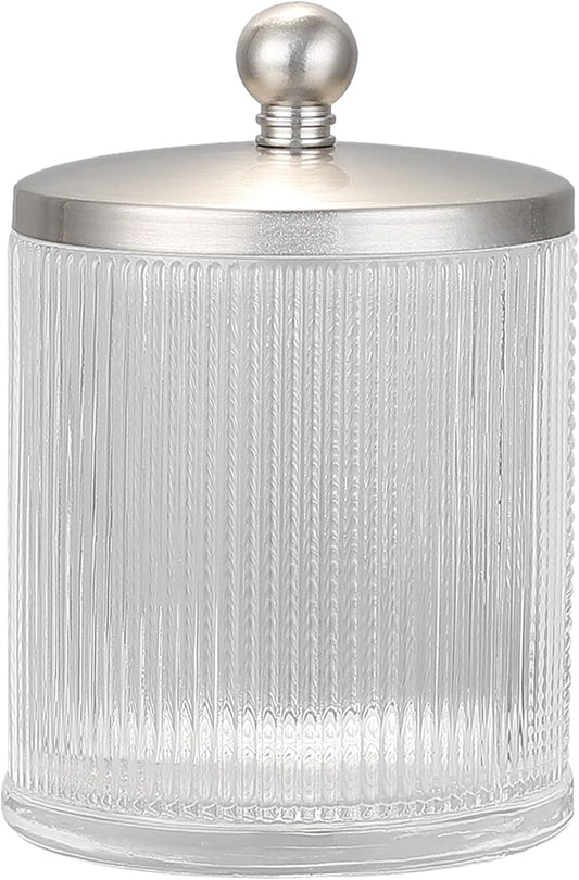 Glass Jar with Metal Lid for Bathroom Organization, Clear Apothecary Jar for Cotton Balls, Q Tips, and Small Accessories, Stylish Bathroom Storage Container Nickel, Clear