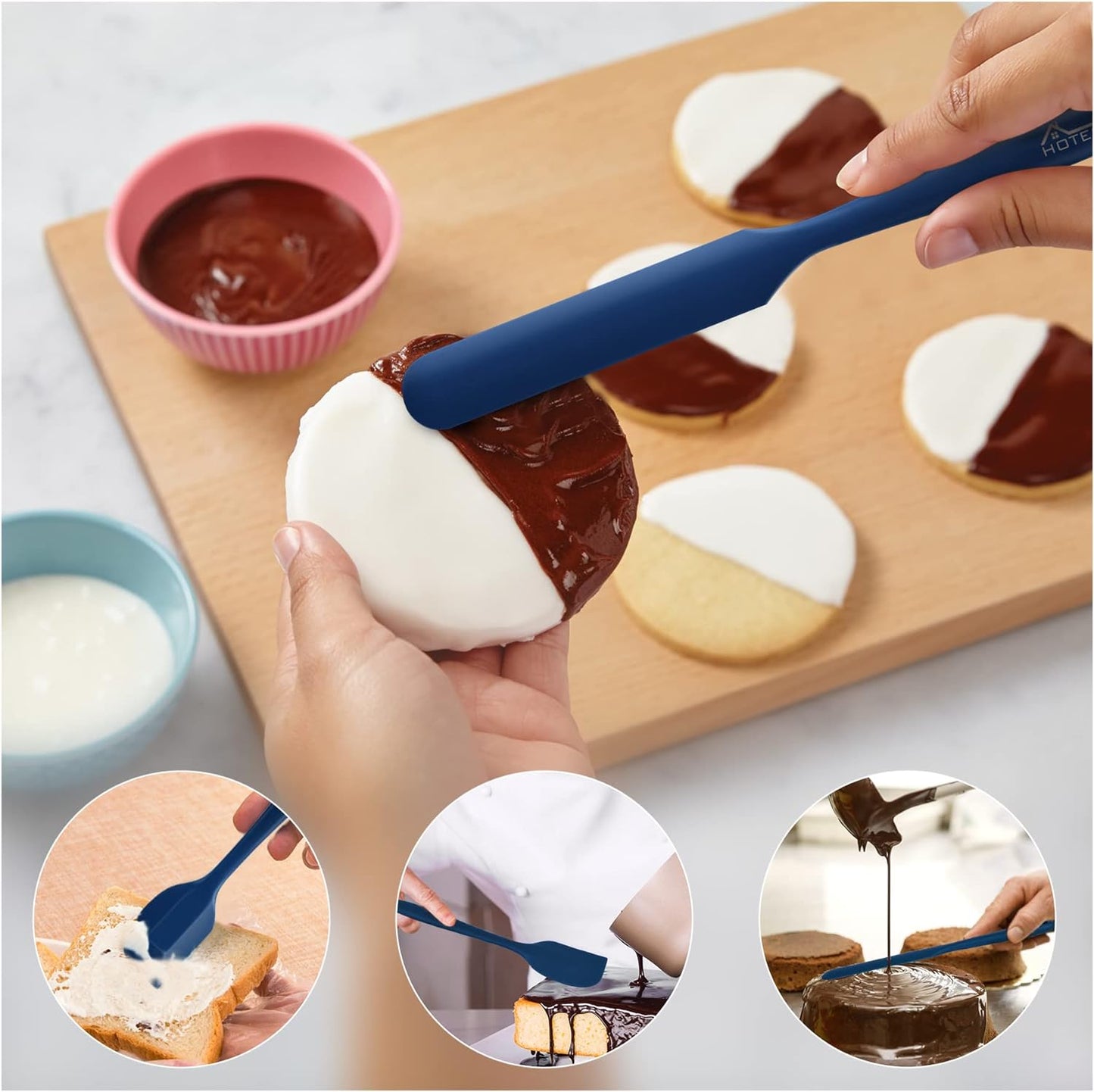 HOTEC 600℉ Heat Resistant BPA-Free Silicone Rubber Spatula Set, Kitchen Cooking Spatulas, Baking, Mixing, for Non Stick Cookware, Dishwasher Safe, Classic Blue Set of 5