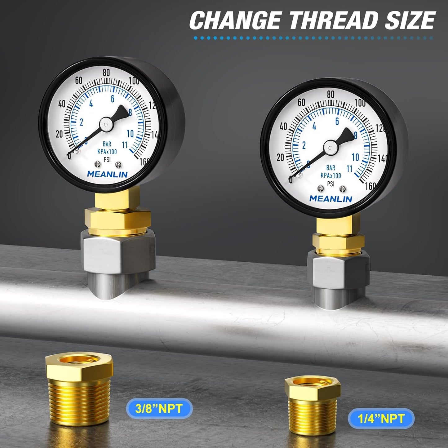 MEANLIN MEASURE 0-160Psi 2" DIAL FACE 1/8" NPT Well Pump Pressure Gauge, with 1/4" NPT and 3/8" NPT Hex Bushing, 3-2-3% Accuracy, Lower Mount