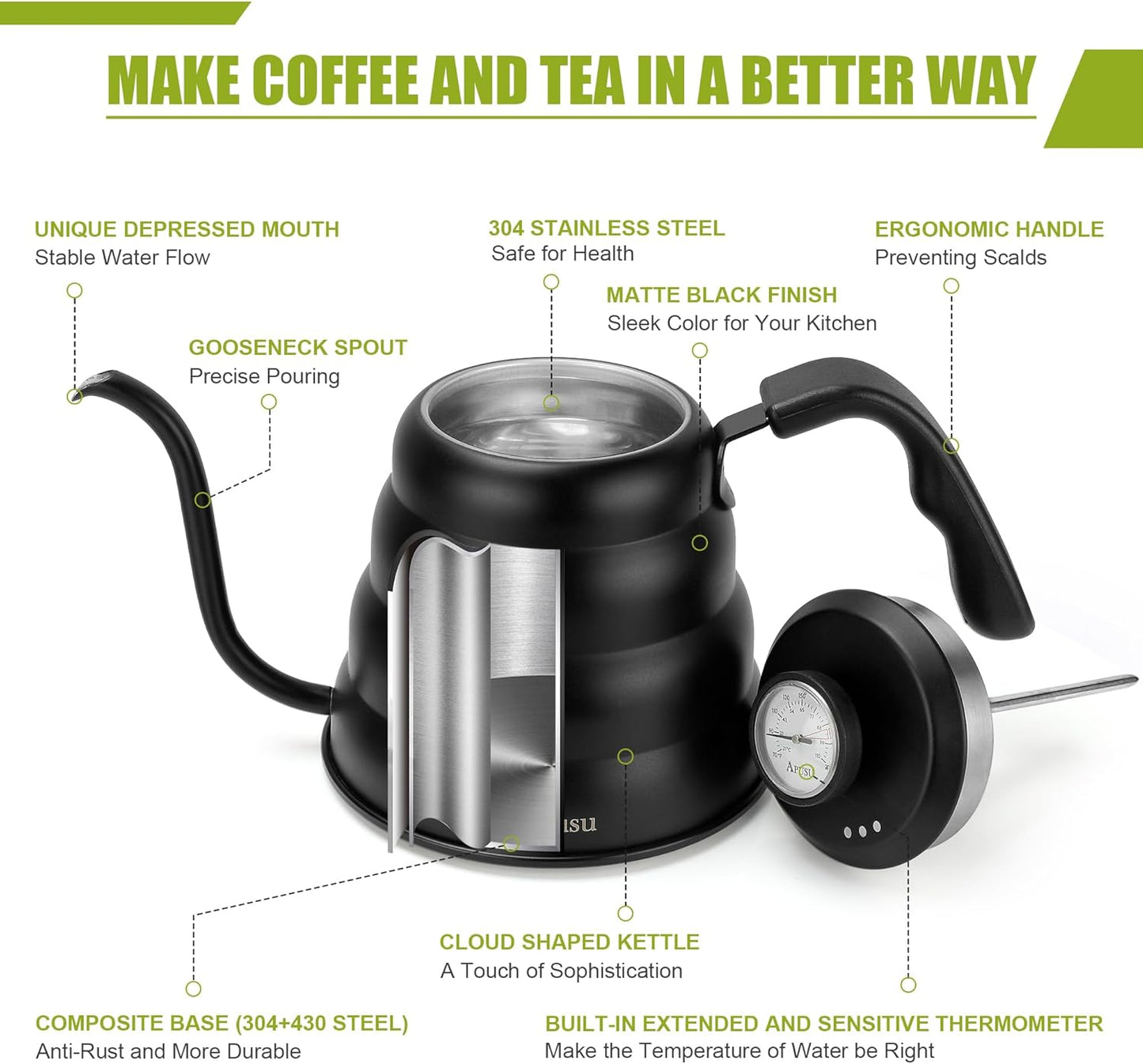 Tea Kettle with Thermometer Pot Black Stovetop Tea Kettle 40oz Gooseneck Kettle Teapot Pour Over Coffee Kettle with Thermometer,1200ml,6 Cup,Black,1Pack