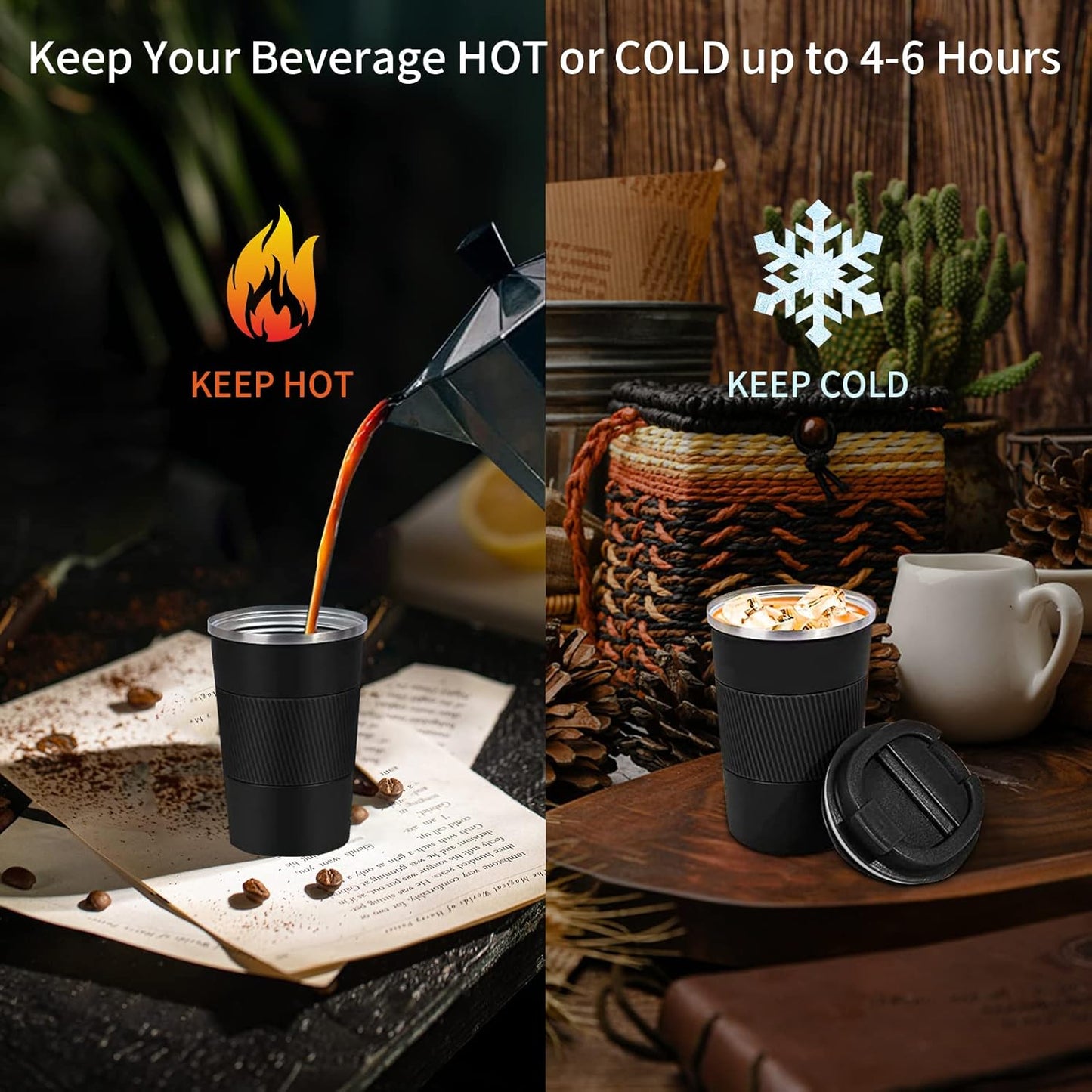 YINBAOGE Insulated Travel Coffee Mug Spill Proof Leak Proof Pobtable To Go Camping Stainless Steel Coffee Tumbler Reusable Coffee Cups with Lids Thermos for Hot and Cold Drink (Black, 12 OZ)