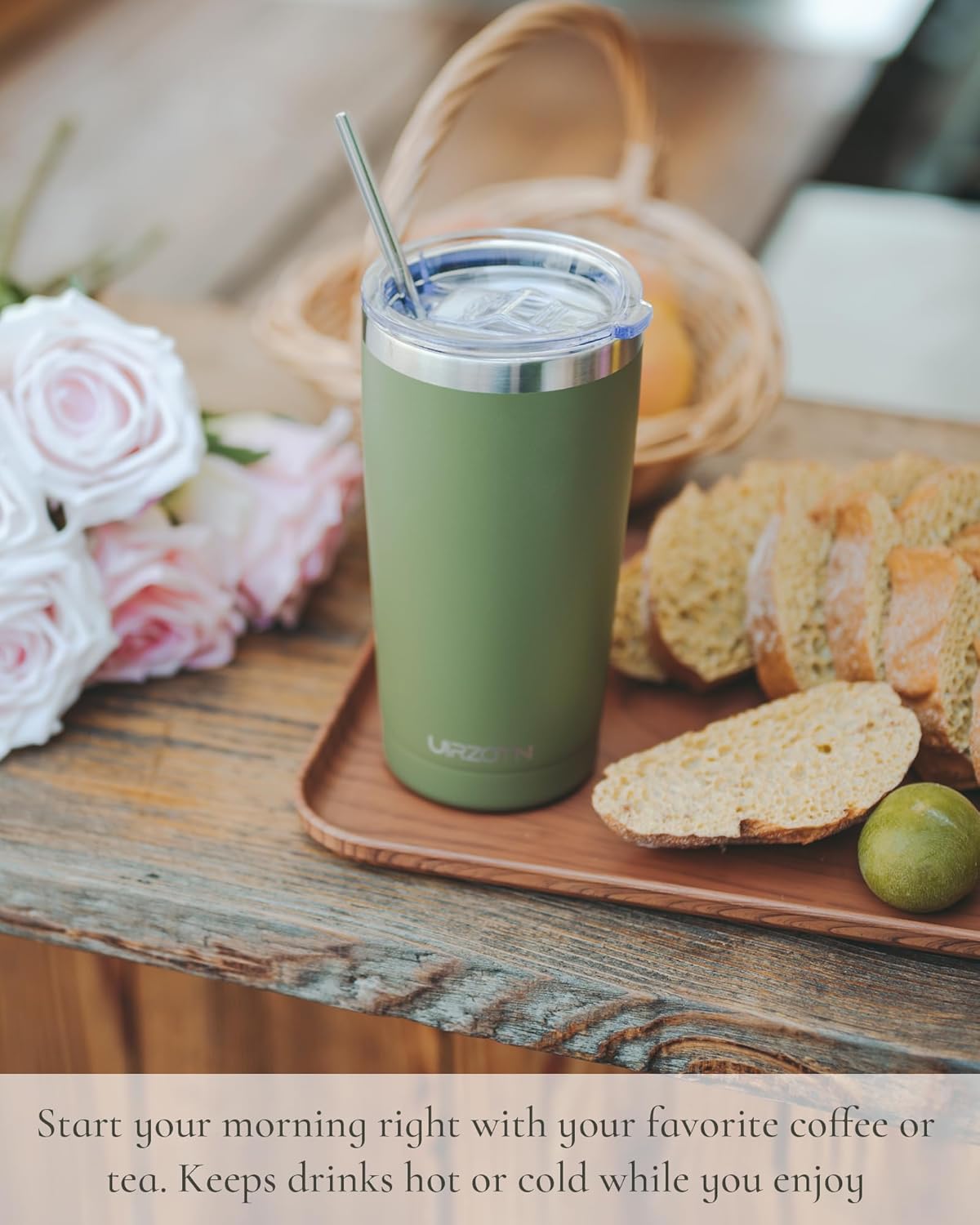 Travel Coffee Tumbler 20oz, Leakproof Travel Coffee Mug with Lid and Straw, Stainless Steel Double Wall Vacuum Insulated Tumbler for Hot/Iced Drinks (Textured Matte, Army Green)