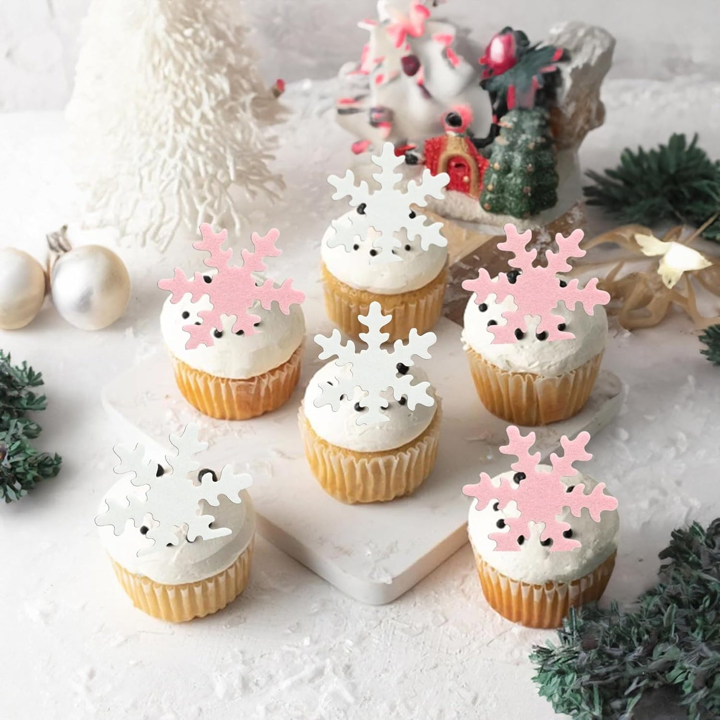 Gyufise 50Pcs Pink Edible Cupcake Cake Toppers Snowflake Cake Decorations for Christmas Winter Frozen Theme Party Supply Decoration Pink White