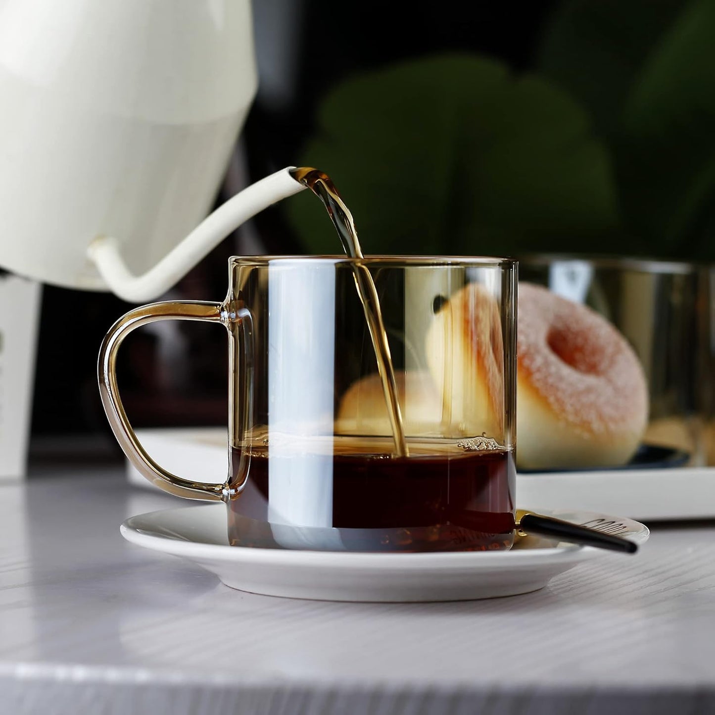 LUXU 4pcs Set Simple Glass Coffee Mugs-Hand Blown&Seamless Design,14 oz Amber Coffee Cups-Heat Resistant and Explosion-Proof,Lightweight Tea Mugs with Anti Scald Handle Ideal for Home,Cafe,Coffee Bar