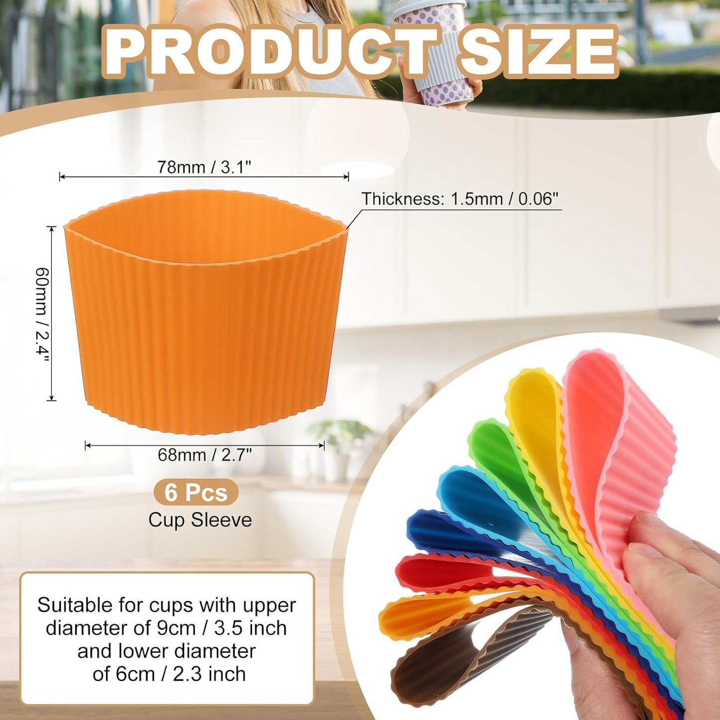 uxcell 6Pack Coffee Cup Sleeves, Reusable Silicone Heat Resistant Cup Protective Sleeve Nonslip Mug Protector Cover for Home Travel Coffee Mug Glasses Water Bottle Boots, Orange