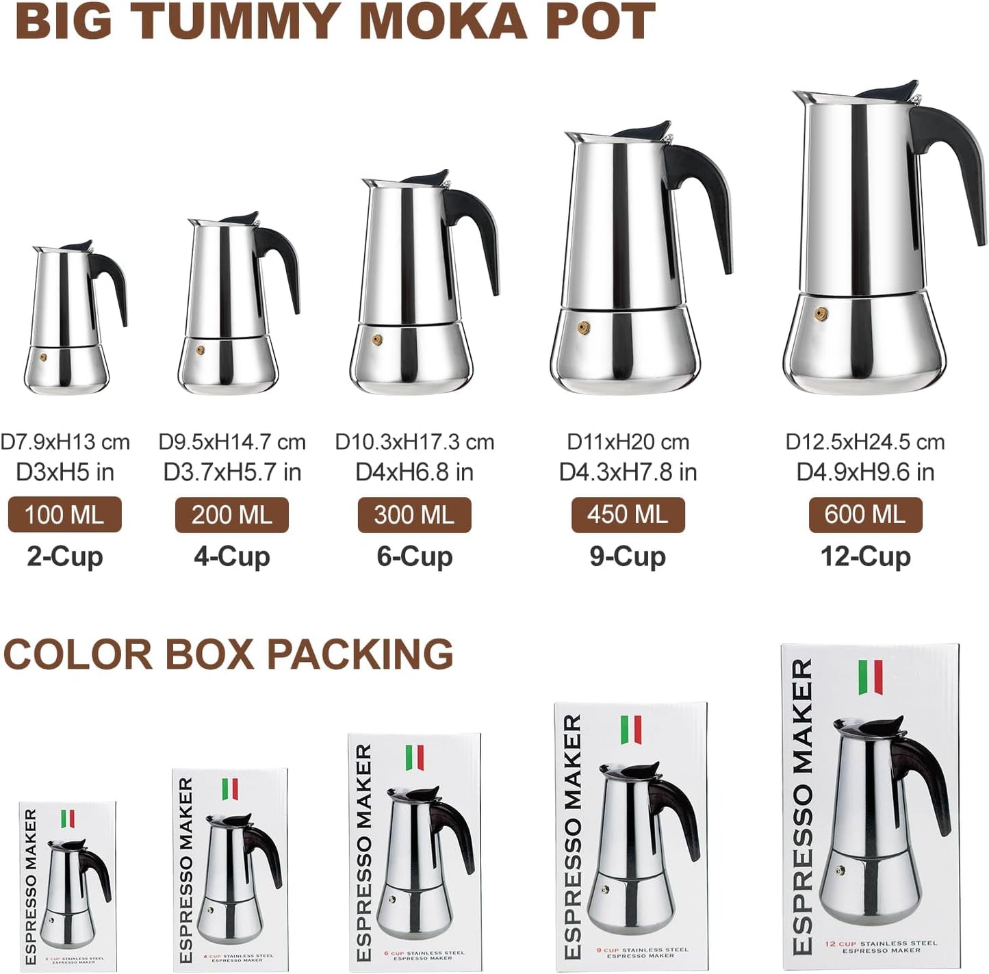 4 Cup Stovetop Espresso Maker Stainless Steel Moka Pot Stove Top Percolator Italian Coffee Makers Capable Mocha Greca Machine Cafe Classic Induction Cookers for Home and Camping 200ml 6.6oz